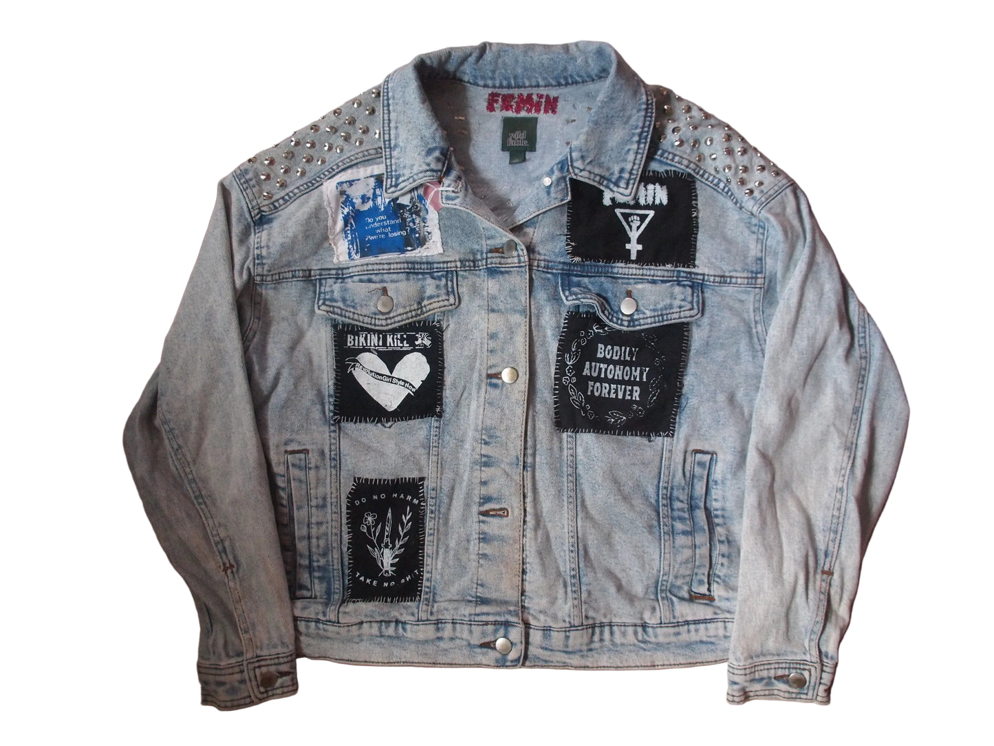 No Apologies Ever! Studded & Patched Denim Acid Washed Jacket Sz L
