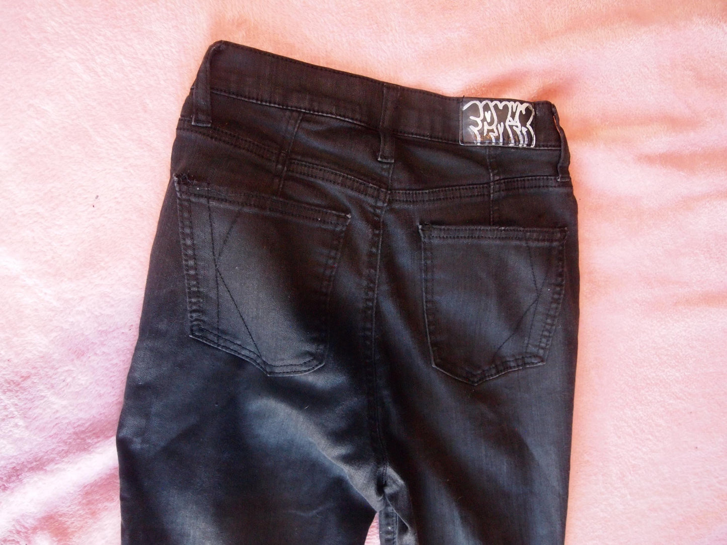 Barbed Wire Custom Punk Painted Black Waxed Jeans Pants Sz 27 - Handmade Crust Hand Stitched DIY Customized 1 of 1 Upcycled Recycled