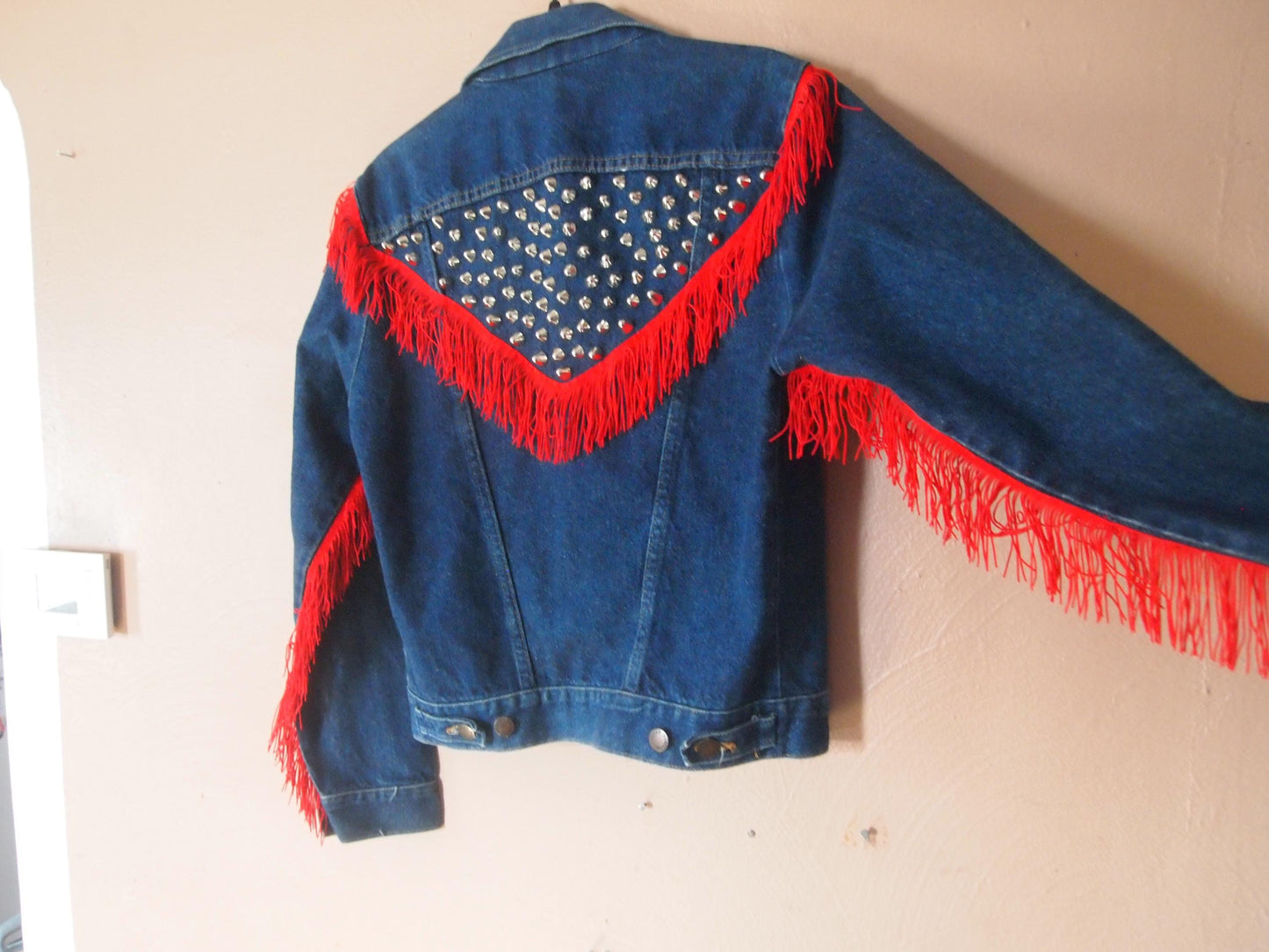 Vintage Studded Rustler Cowboy Fringe Dark Blue Denim Trucker Jacket Sz S Made in USA Western Punk Custom