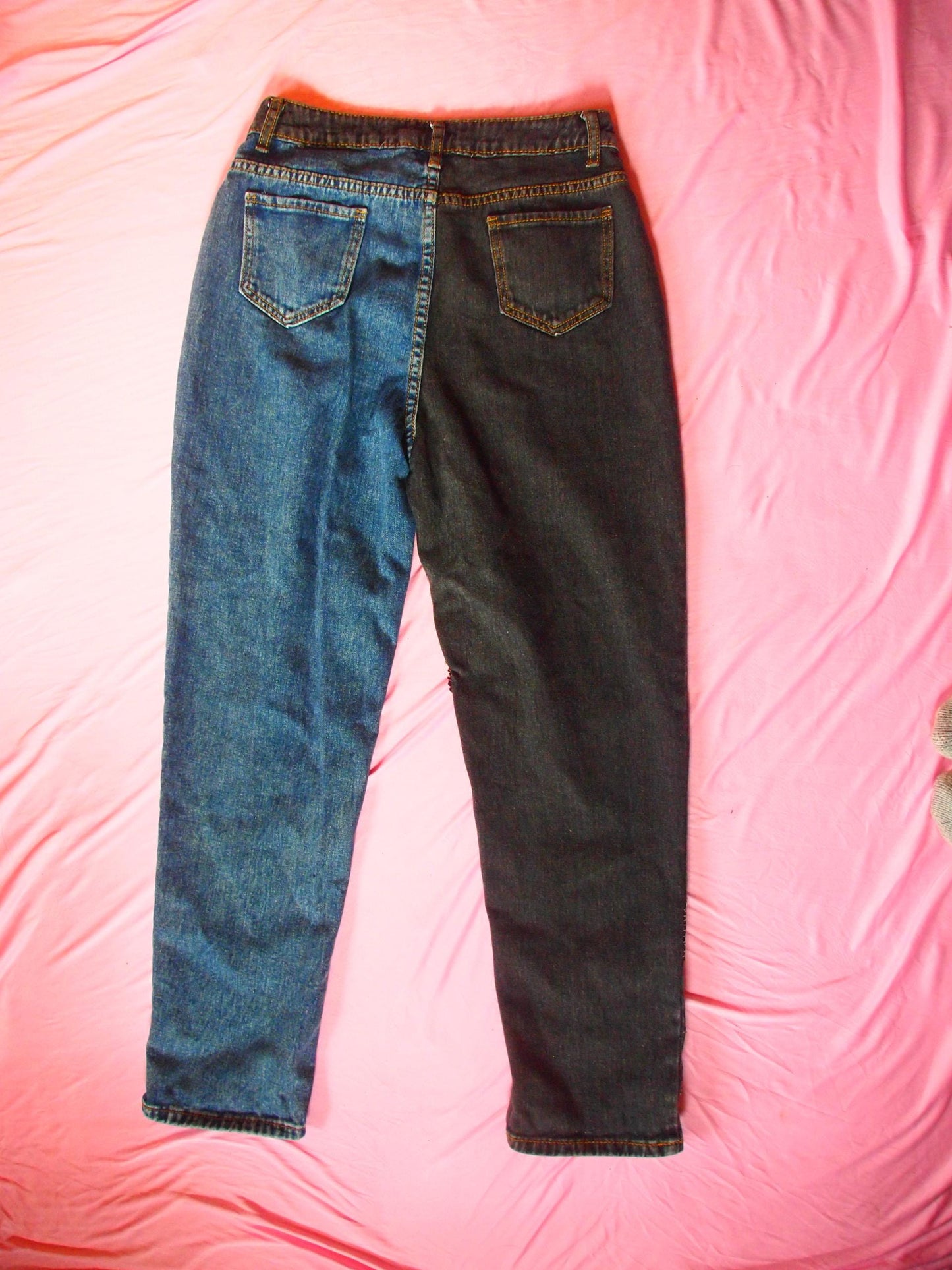 Crust Punk Patched Jeans, Upcycled Black & Blue Denim, Size M