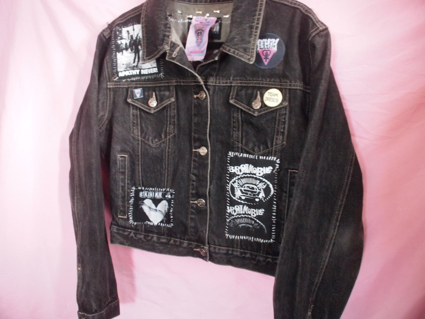 Riot Grrrl Black Patched Studded Denim Jacket Sz M, Lambrini Girls / Destroy Boys, Bikini Kill, Bratmobile