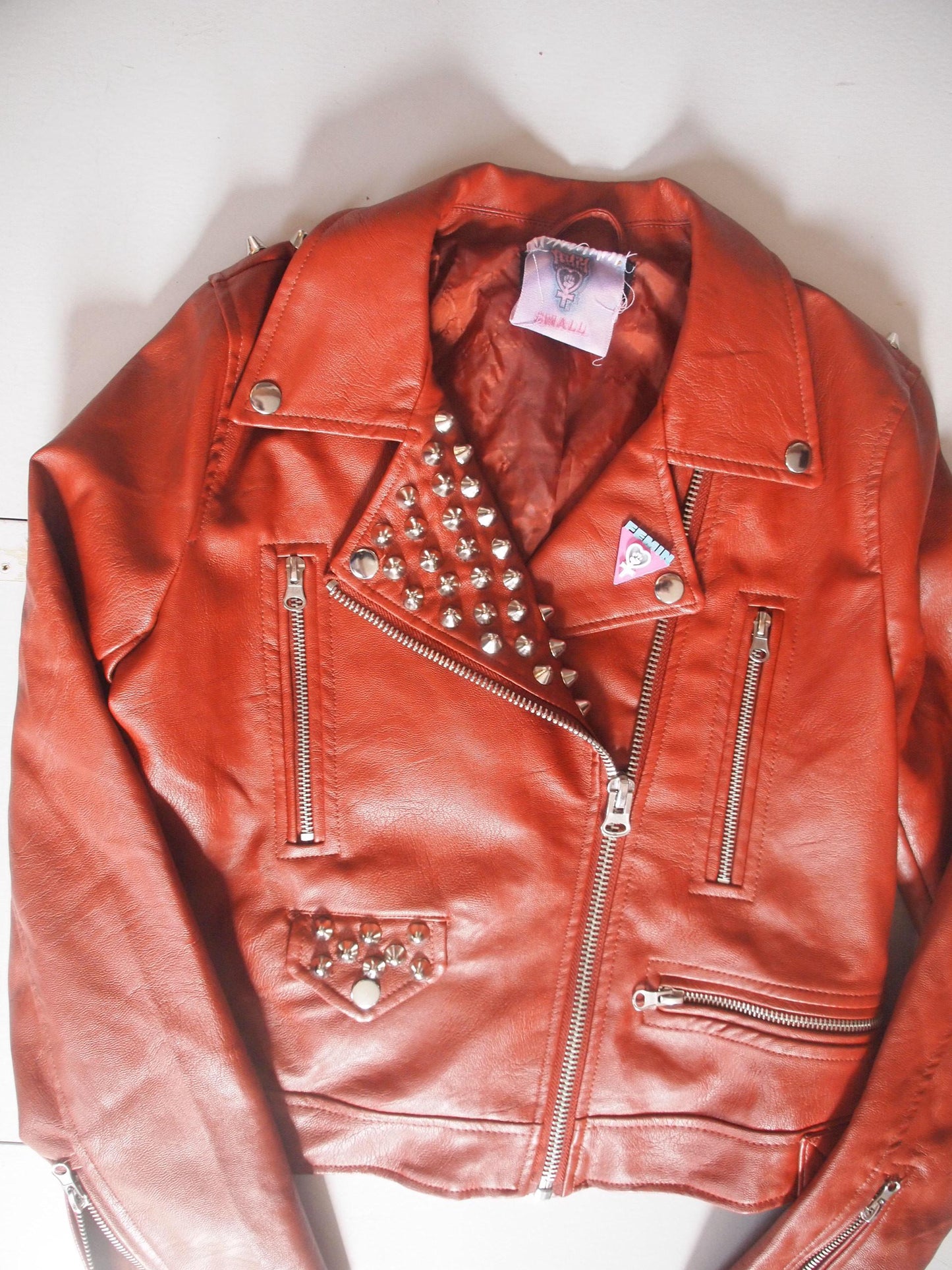 Orange Rust Studded Faux Leather Motorcycle Jacket Sz S Brown Spiked