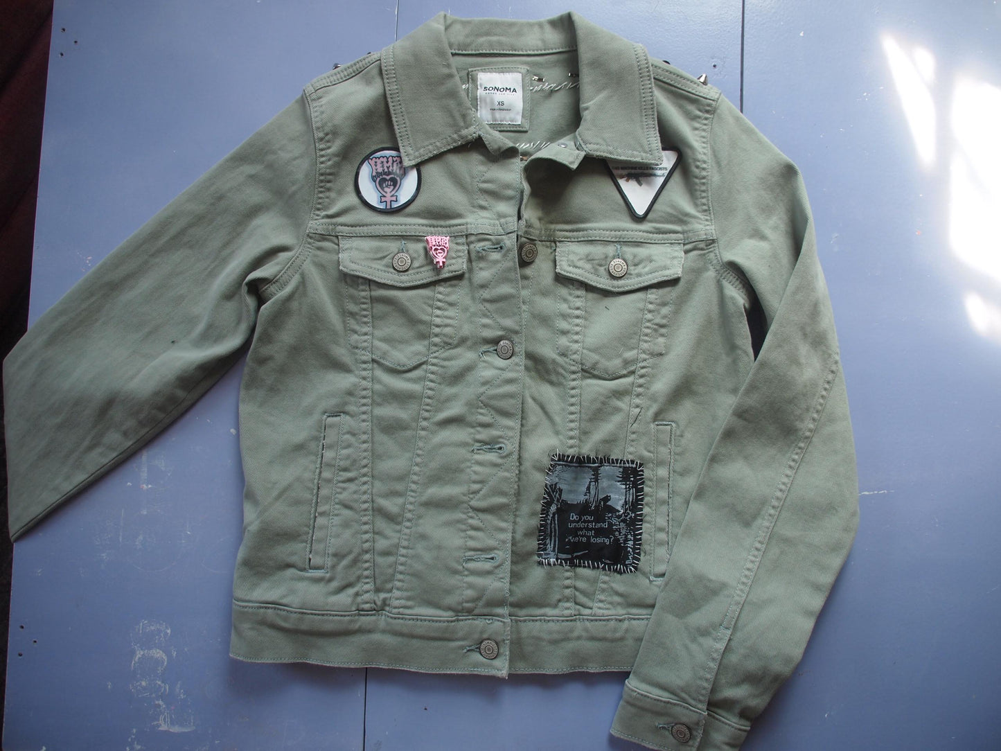 Light Green Patched Studded Denim Jacket - Raccoon Back Patch Class War Leftist Anarcho Punk Handmade