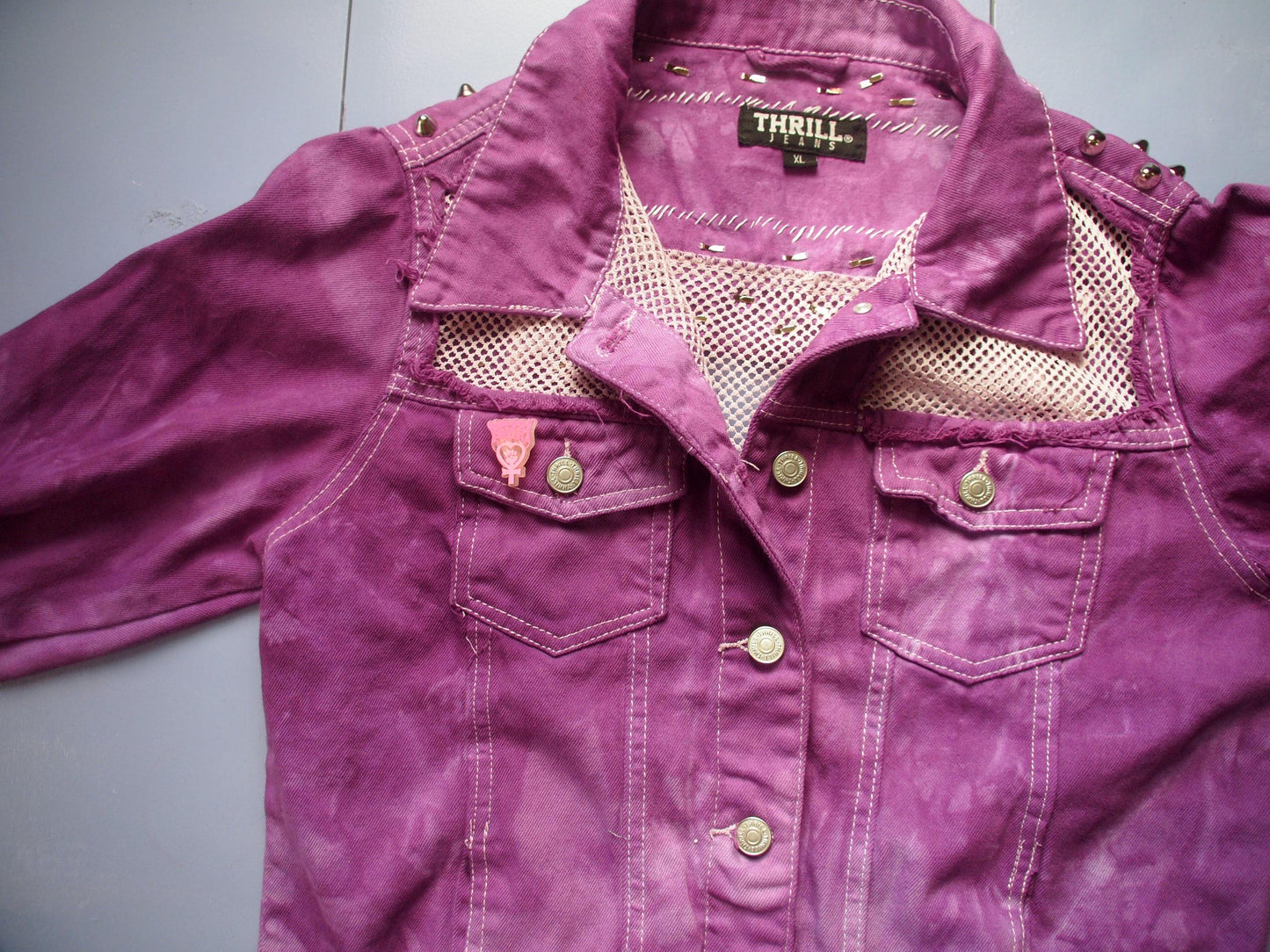 Studded Purple Acid Wash Tie Dye Mesh Denim Jacket Sz XL