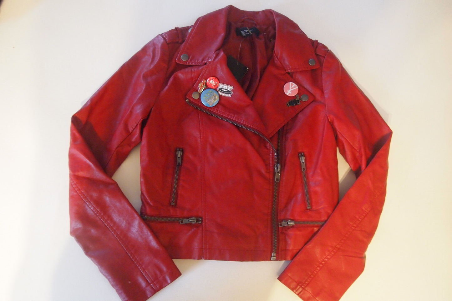 XS Studded Black Flag "No Values" Vegan Red Leather Motorcycle Biker Jacket Crust Punk Custom Handmade Biker