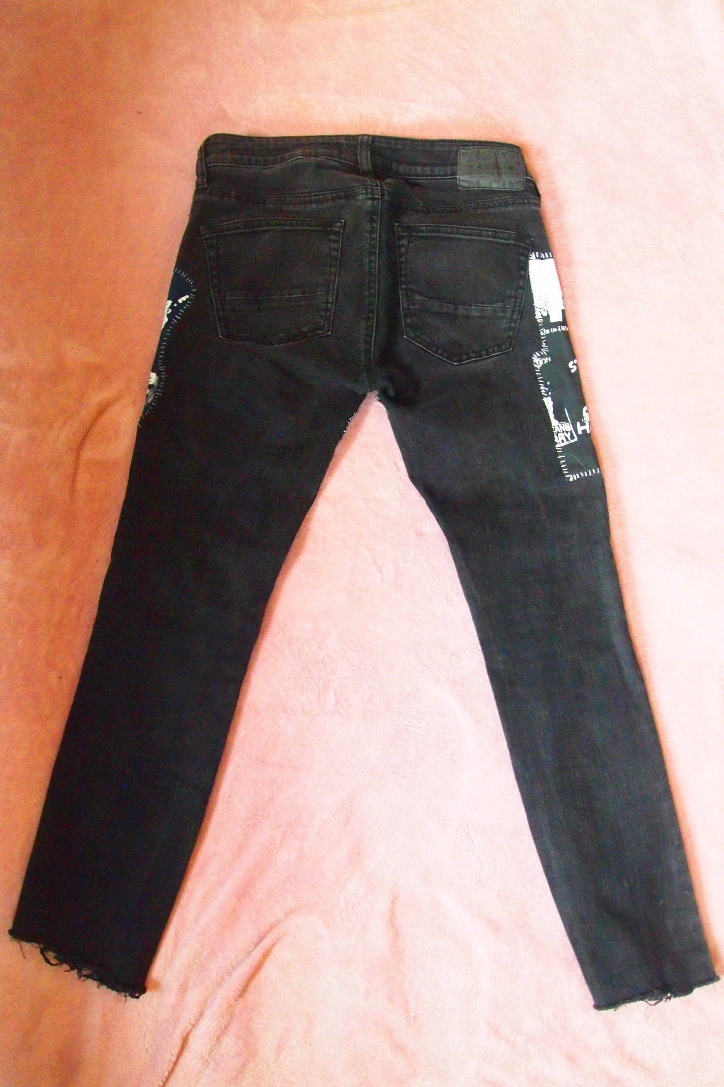 Custom Punk Patched Black Jeans Sz 28x30 Handmade Crust Pants Raccoon Art