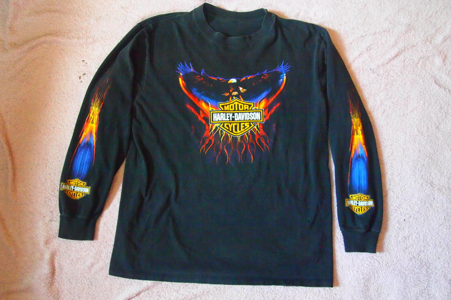 Vintage Harley Davidson Motorcycles Fort Wayne Indiana Flames & Eagle Long Sleeve T-Shirt 3D Design Double Sided Sleeve Print Sz M 90s 80s