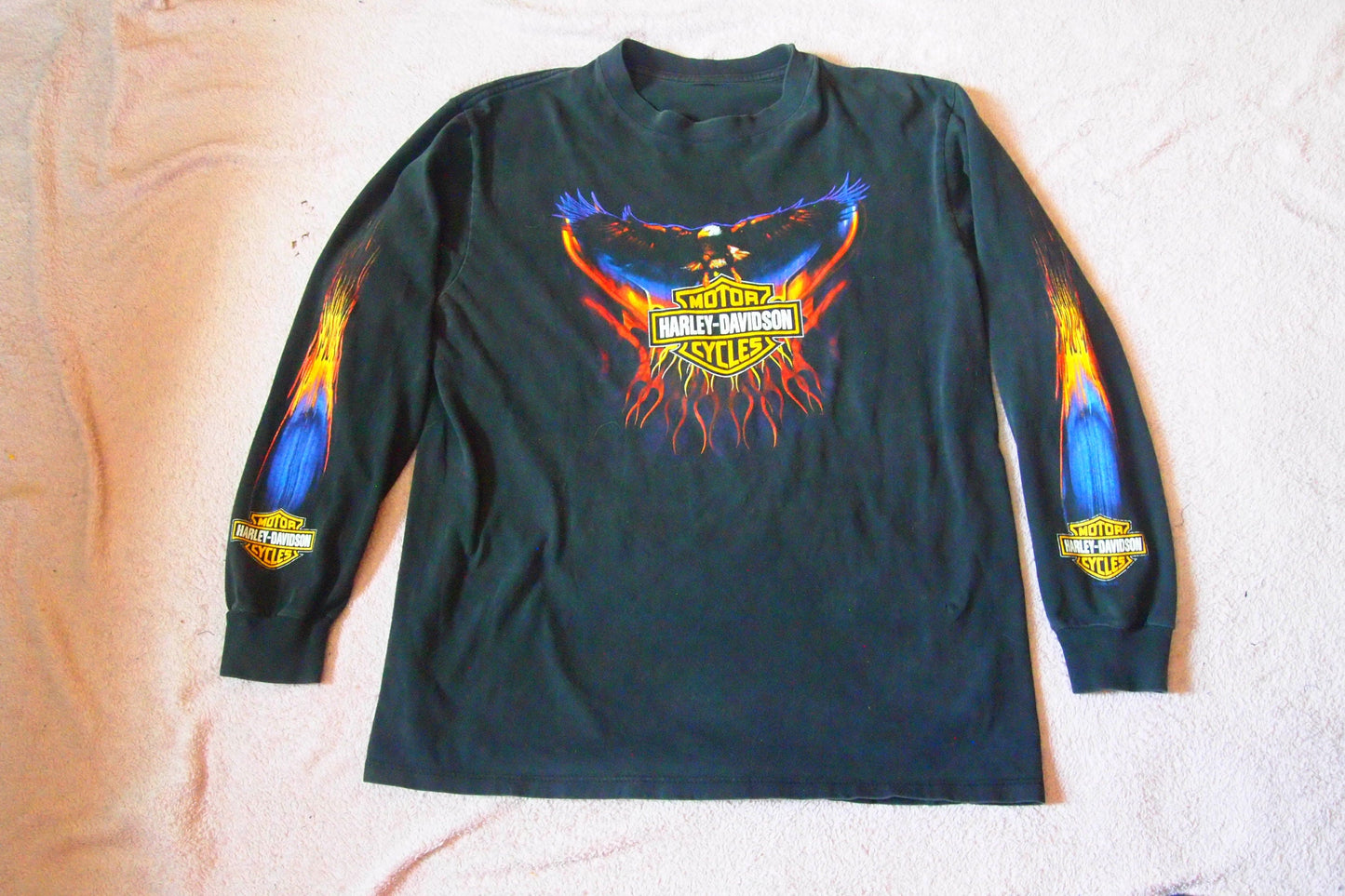 Vintage Harley Davidson Motorcycles Fort Wayne Indiana Flames & Eagle Long Sleeve T-Shirt 3D Design Double Sided Sleeve Print Sz M 90s 80s