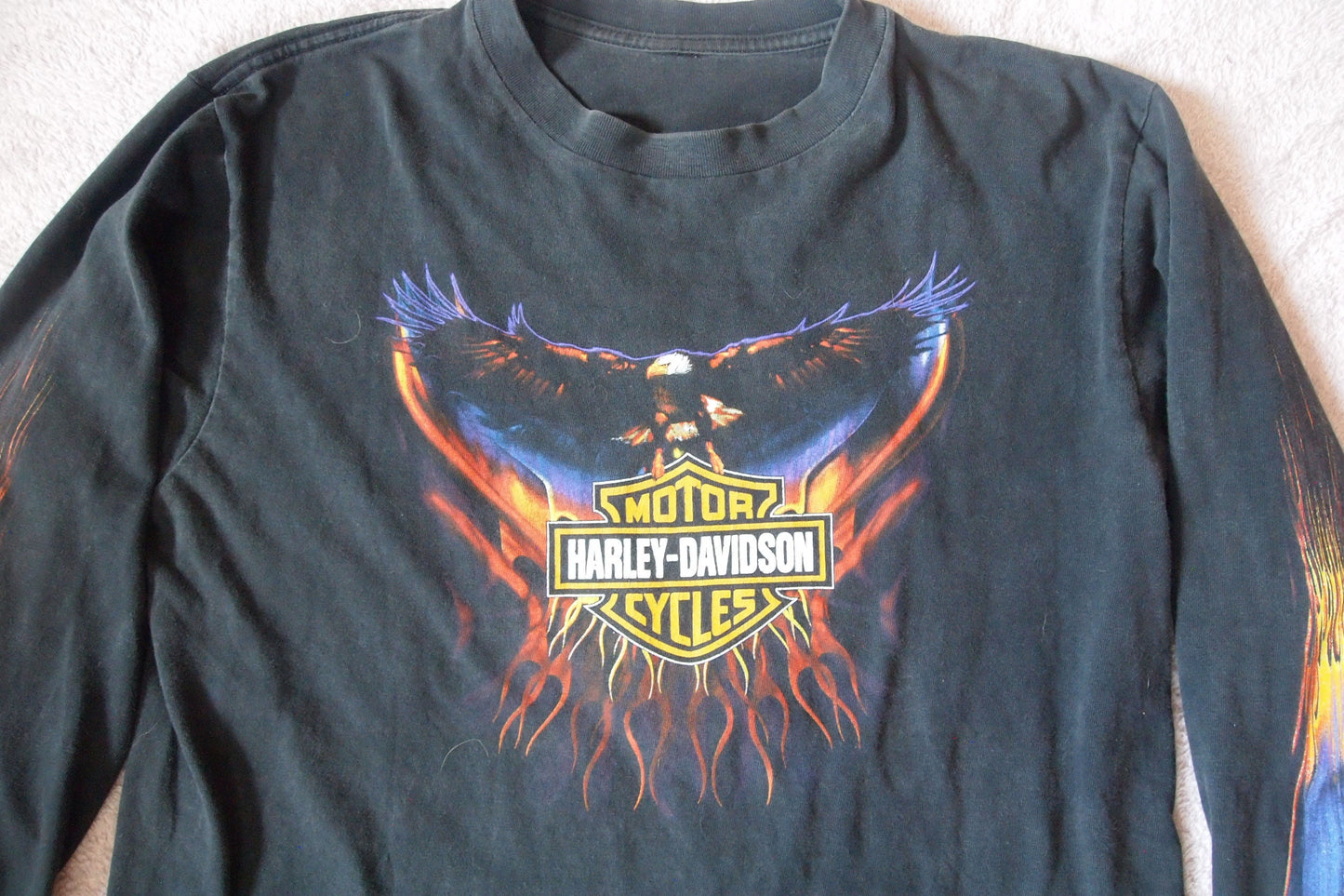Vintage Harley Davidson Motorcycles Fort Wayne Indiana Flames & Eagle Long Sleeve T-Shirt 3D Design Double Sided Sleeve Print Sz M 90s 80s