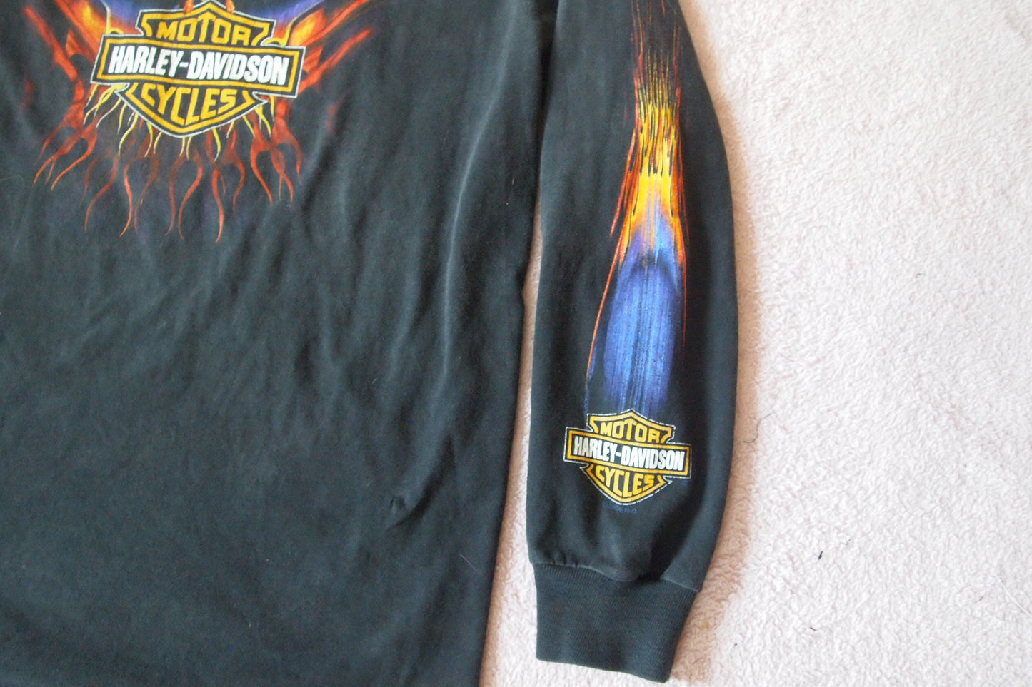 Vintage Harley Davidson Motorcycles Fort Wayne Indiana Flames & Eagle Long Sleeve T-Shirt 3D Design Double Sided Sleeve Print Sz M 90s 80s