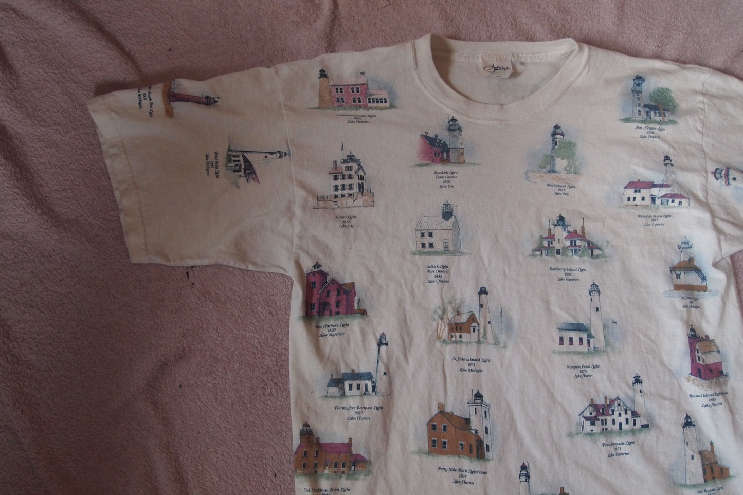 Vintage 80s Michigan Lighthouse All Over Print T-Shirt Sz XL Artisans