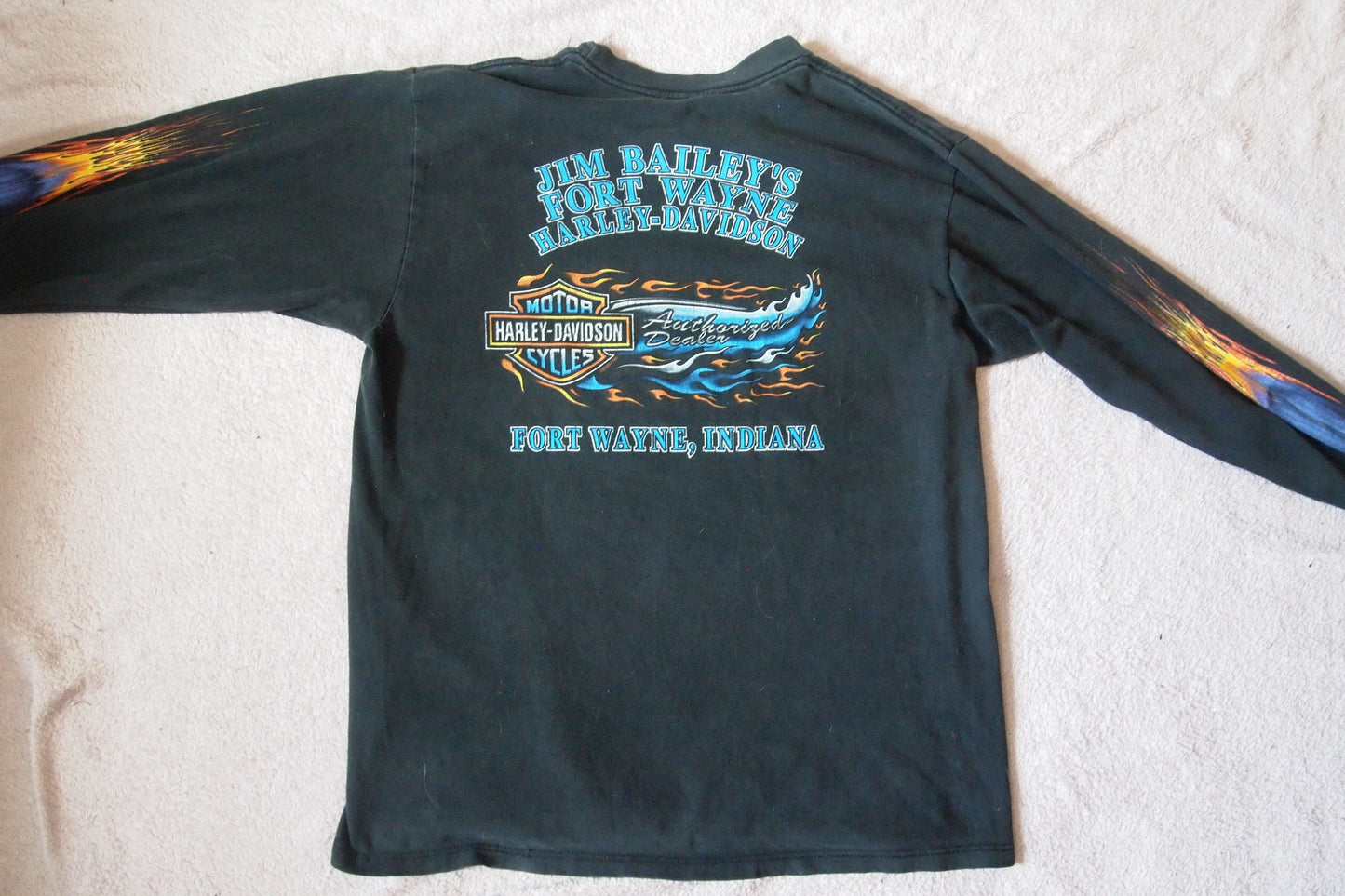 Vintage Harley Davidson Motorcycles Fort Wayne Indiana Flames & Eagle Long Sleeve T-Shirt 3D Design Double Sided Sleeve Print Sz M 90s 80s