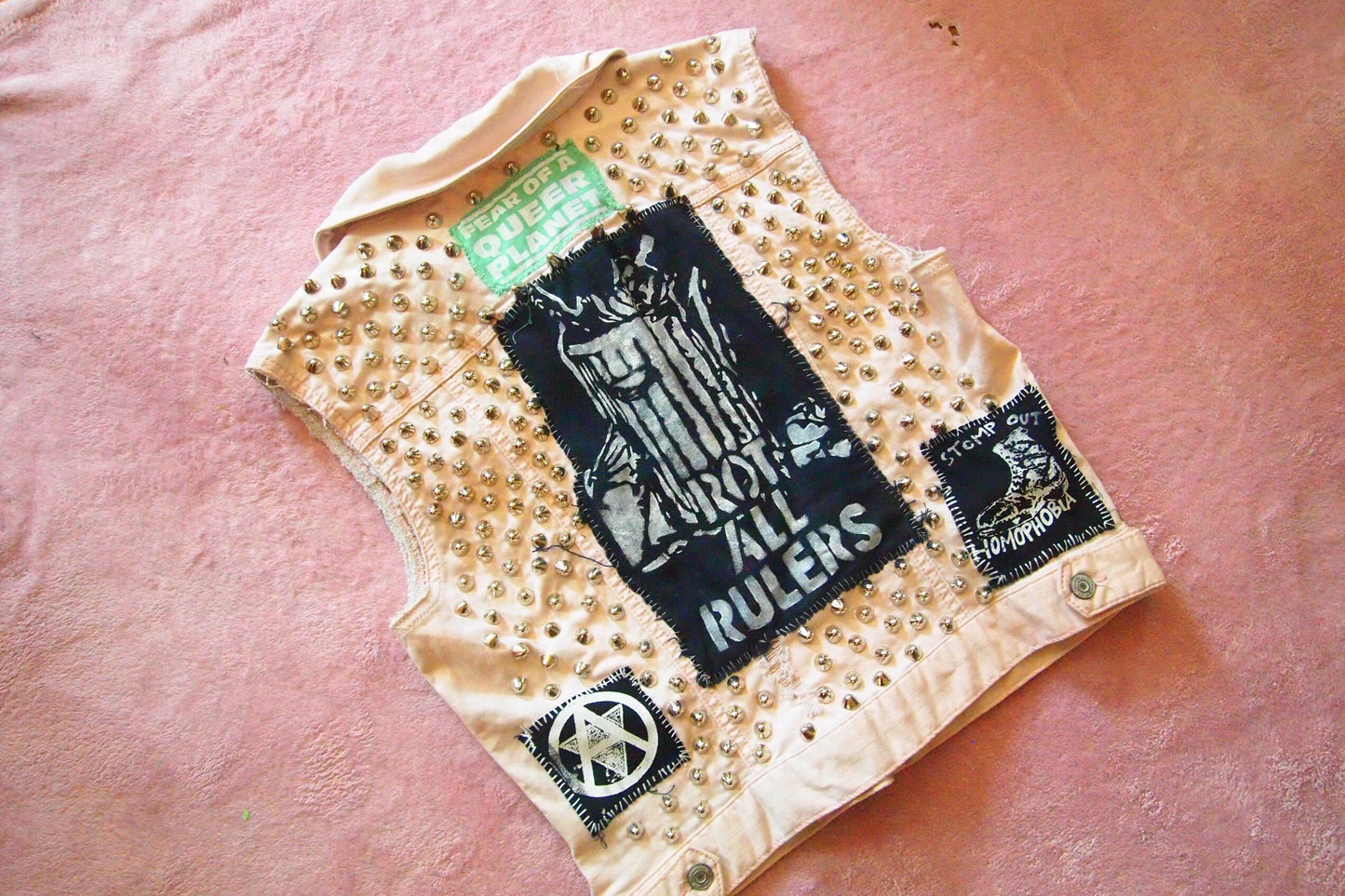 MED Pink Pastel Anarcho Queer Punk Studded & Patched Denim Vest