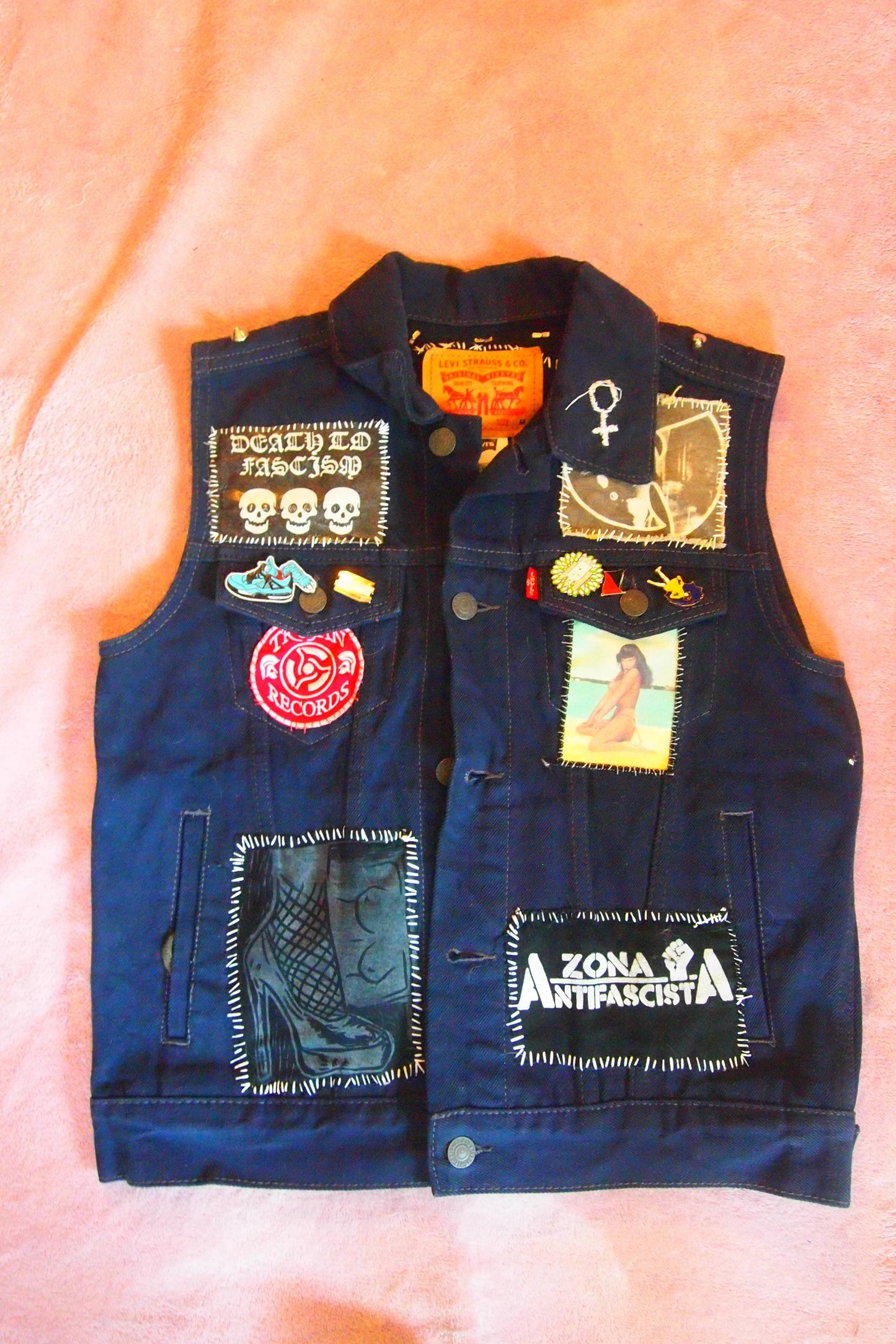 SM TRASH TALK Custom Patched Studded Denim Levi’s Vest Hardcore