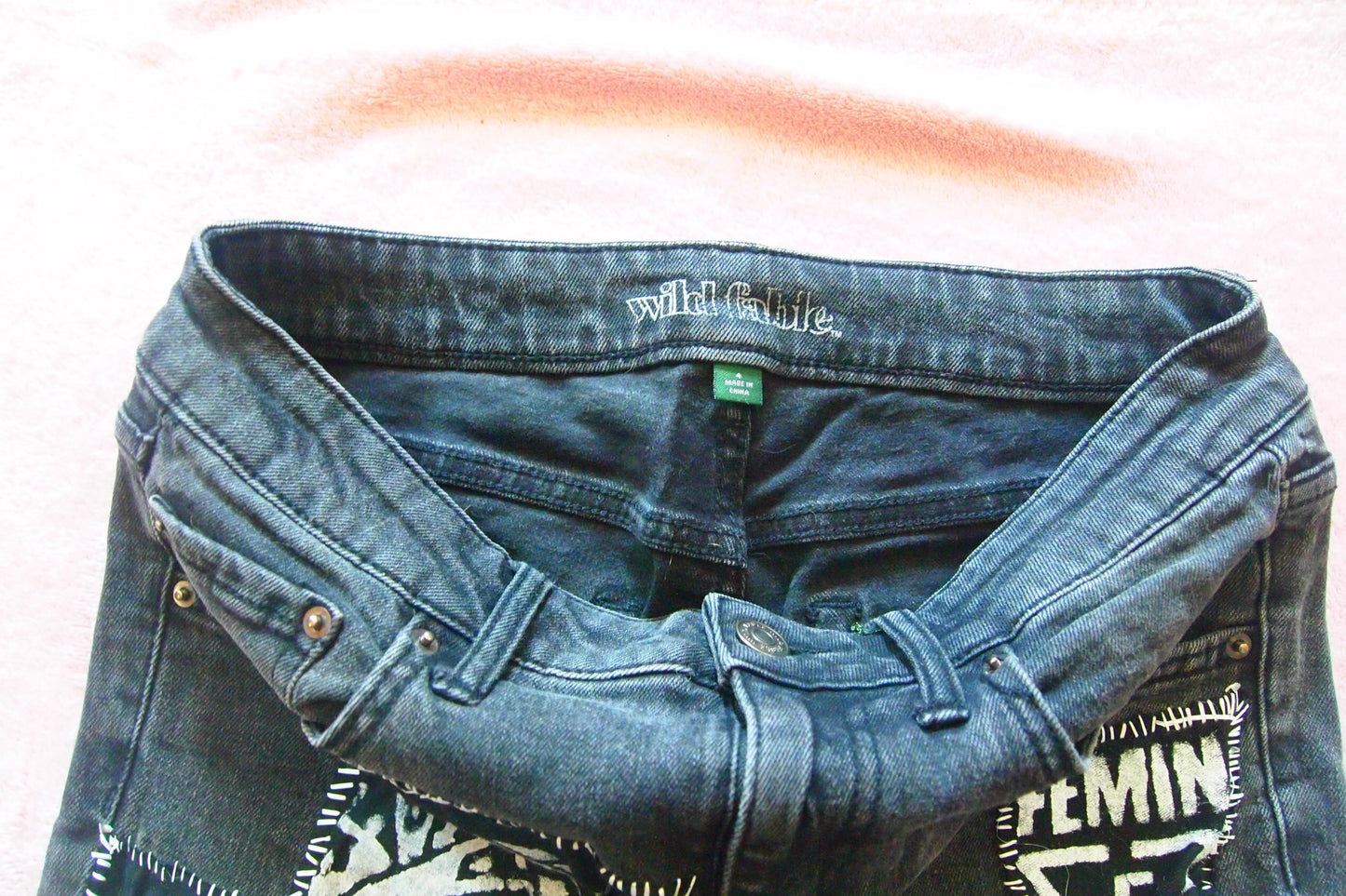 Custom Distressed Vintage Punk Patched Black Jeans Sz 4