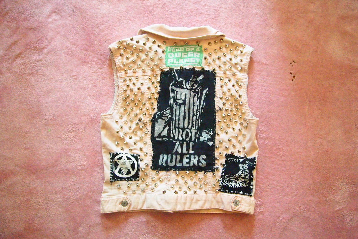 MED Pink Pastel Anarcho Queer Punk Studded & Patched Denim Vest