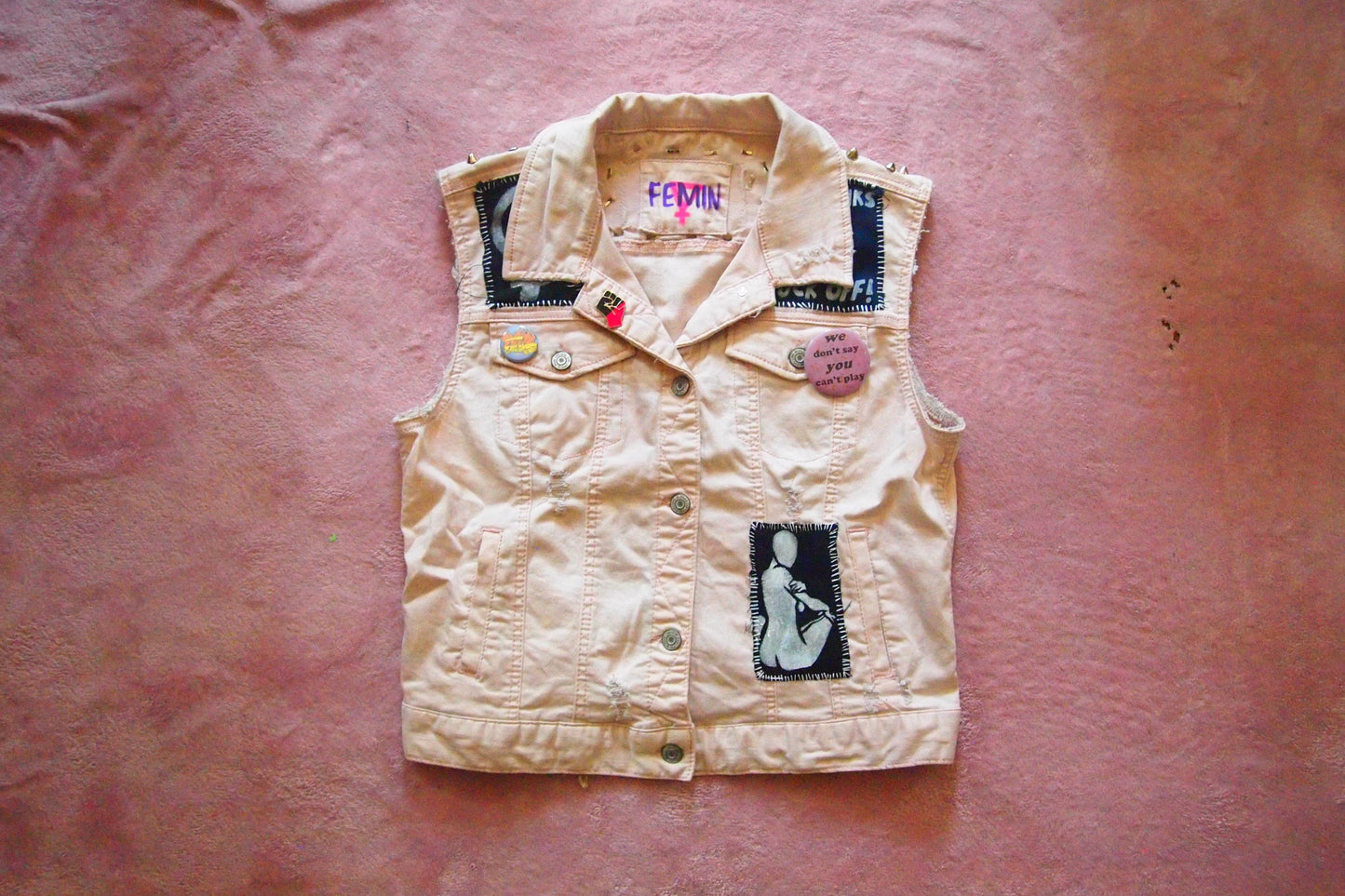 MED Pink Pastel Anarcho Queer Punk Studded & Patched Denim Vest