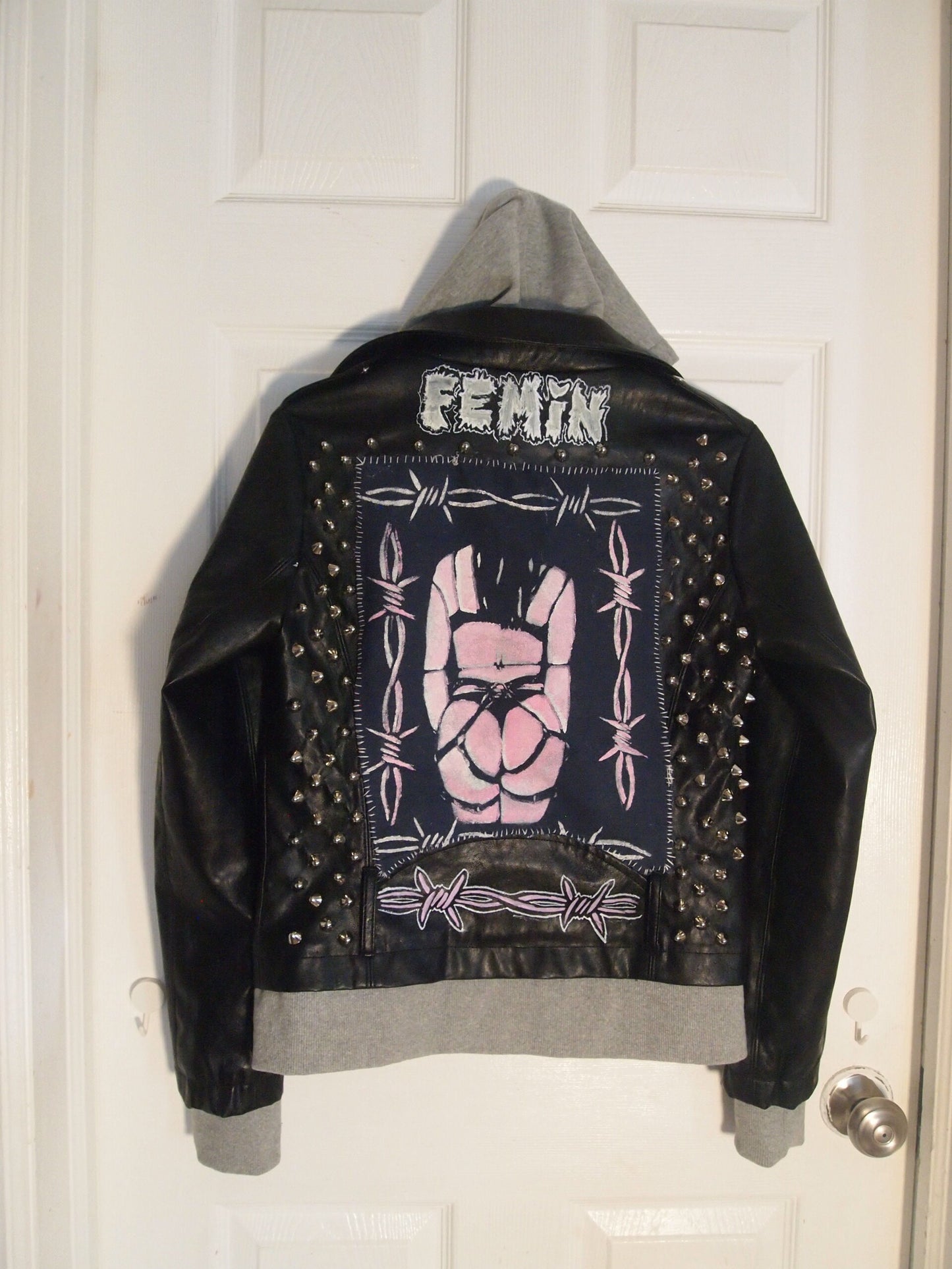 SM Barbed Wire Booty Babe Custom Handmade Studded Patched Hooded Motorcycle Jacket 1 of 1 Reworked