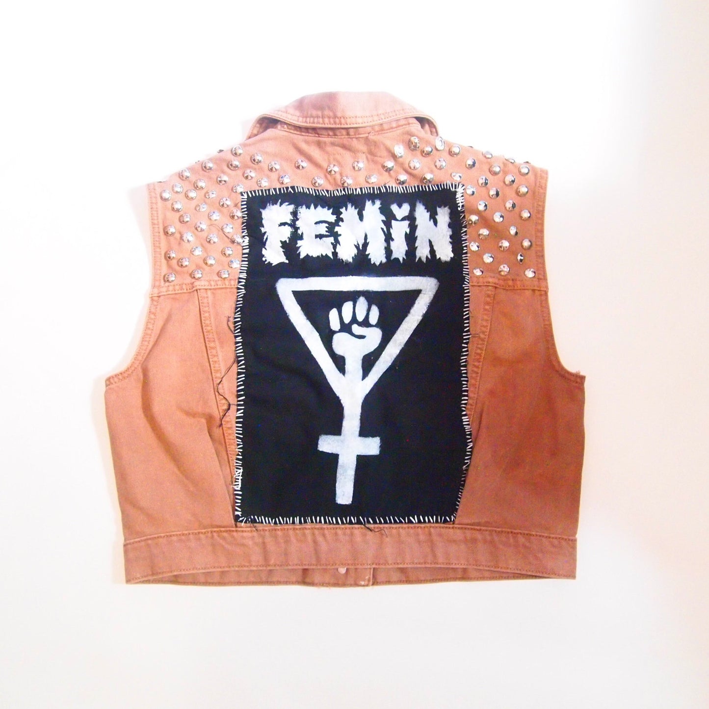 Punk Patched Studded Brown Denim Vest Sz M Cropped Womens Handmade Vintage Distressed