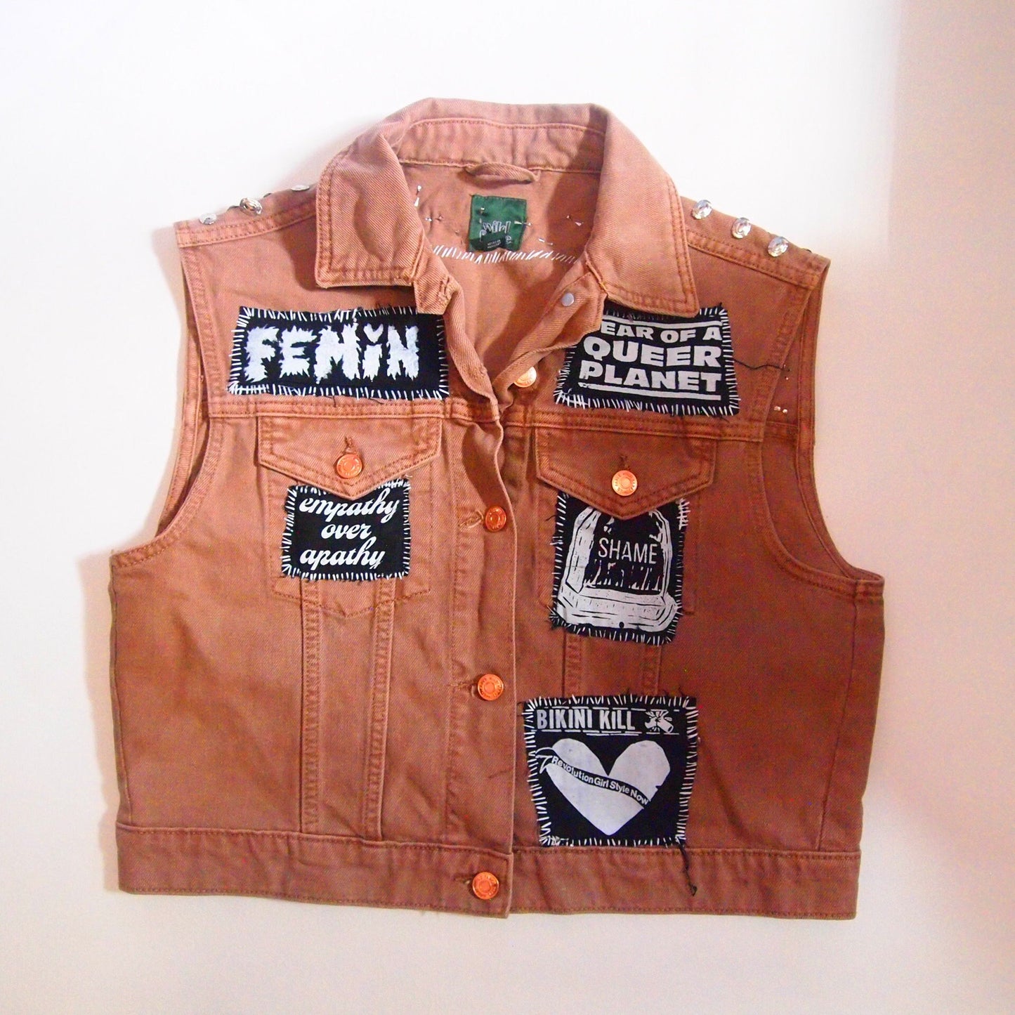 Punk Patched Studded Brown Denim Vest Sz M Cropped Womens Handmade Vintage Distressed