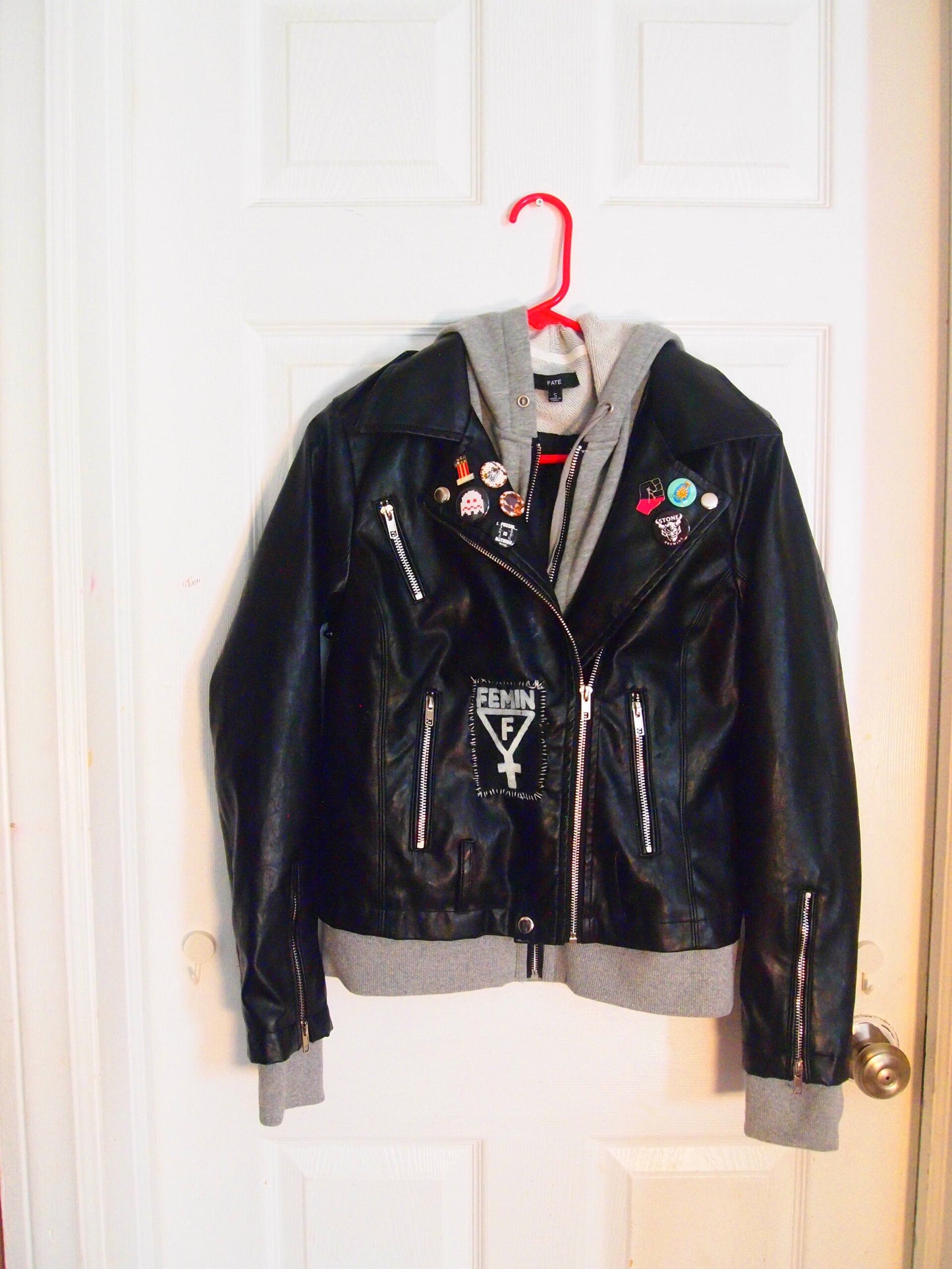 SM Barbed Wire Booty Babe Custom Handmade Studded Patched Hooded Motorcycle Jacket 1 of 1 Reworked