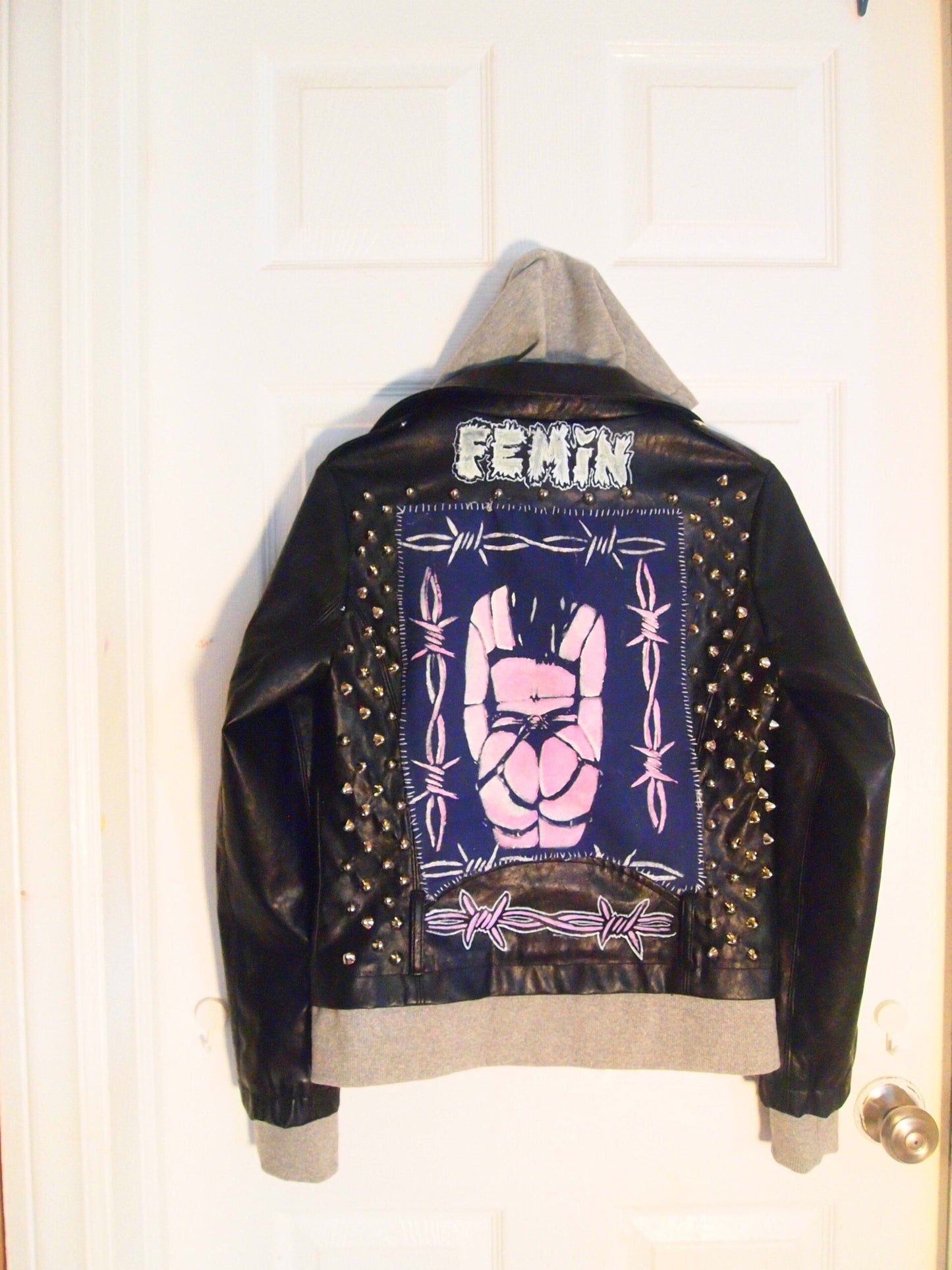 SM Barbed Wire Booty Babe Custom Handmade Studded Patched Hooded Motorcycle Jacket 1 of 1 Reworked
