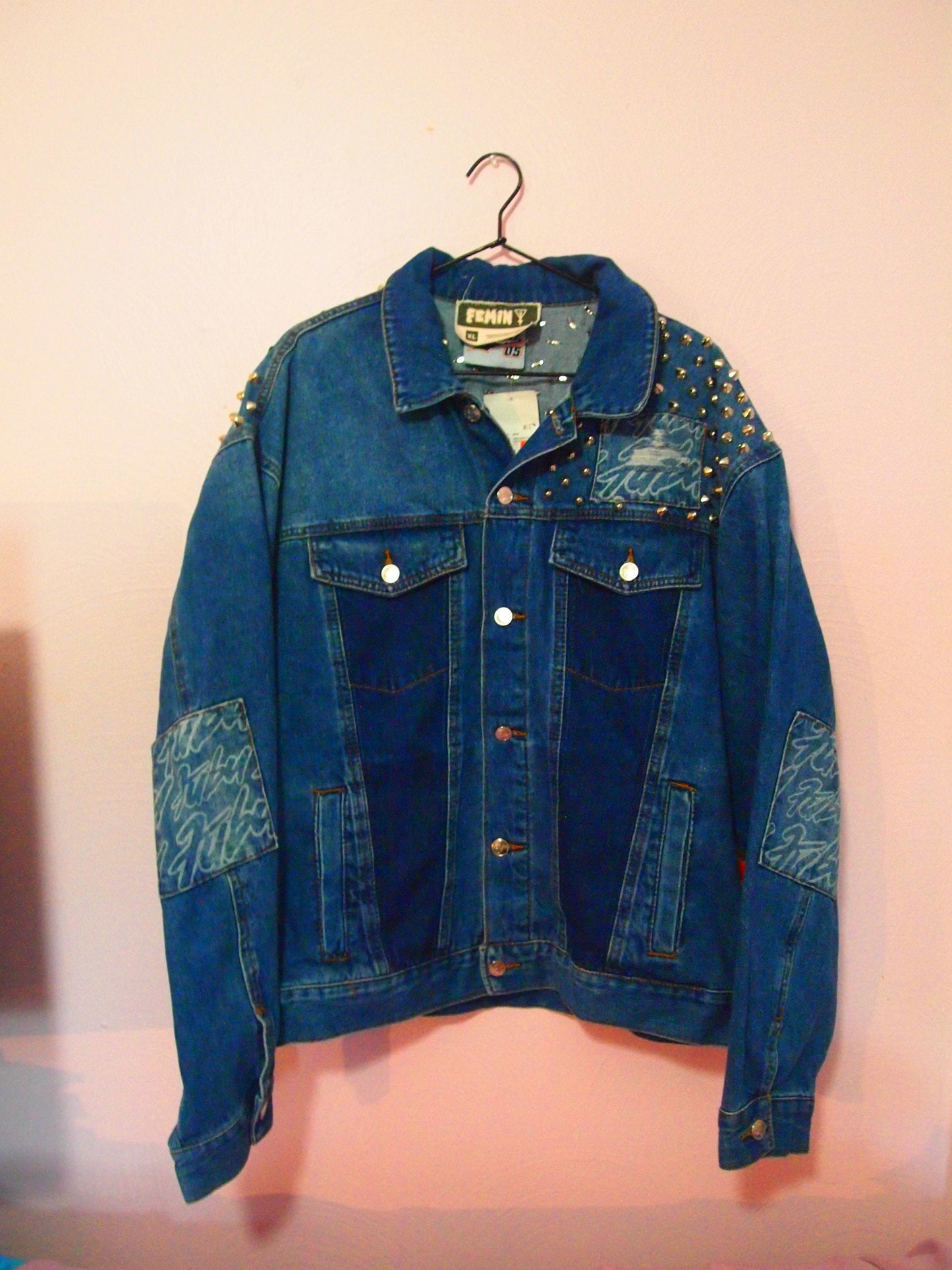 XL Custom Reworked Studded Forever 21 x Fubu Denim Jacket Blue Vintage