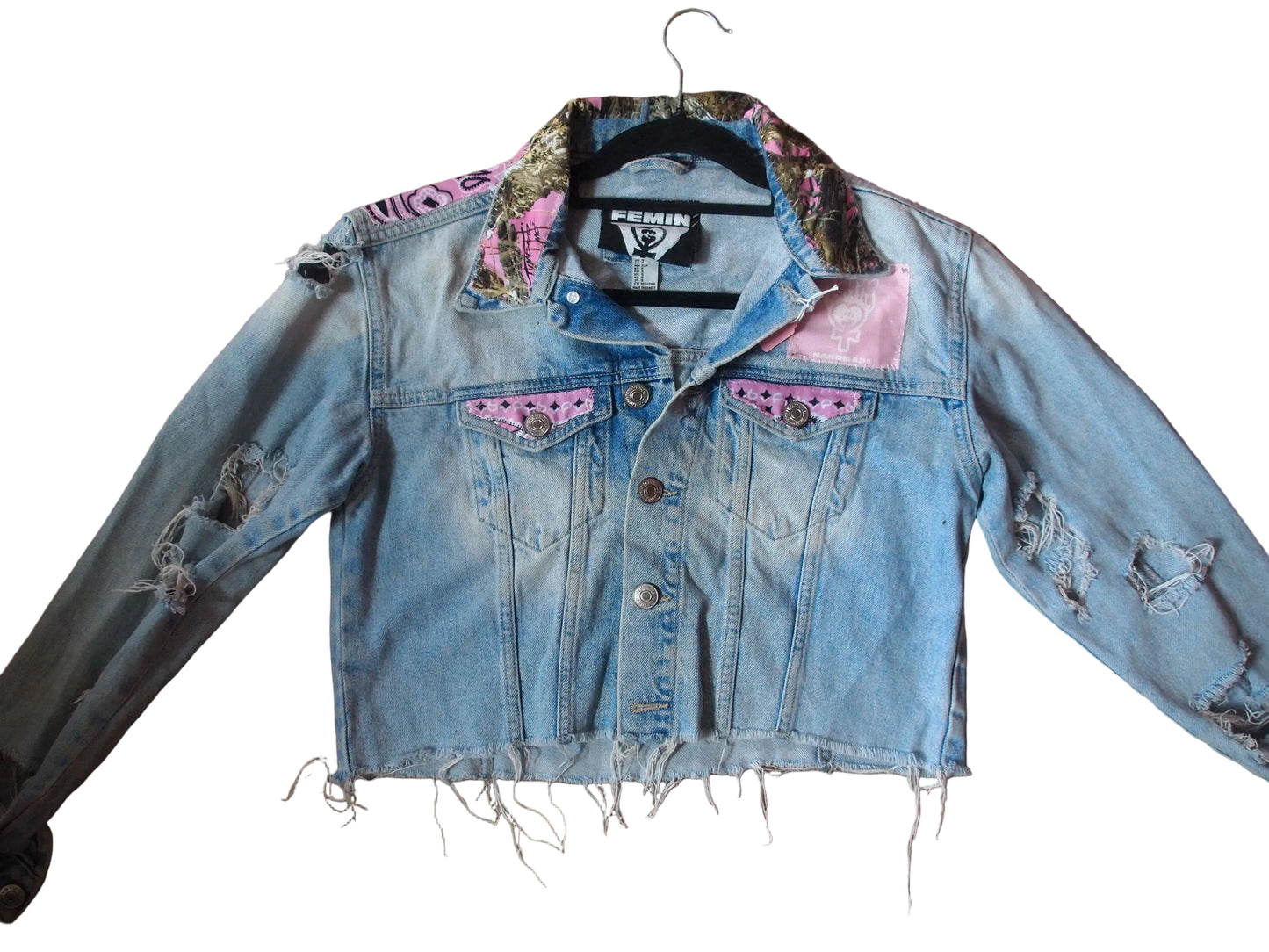 Pastel Linocut Hand Stamped Bat Bandana Patched Denim Jacket Sz S