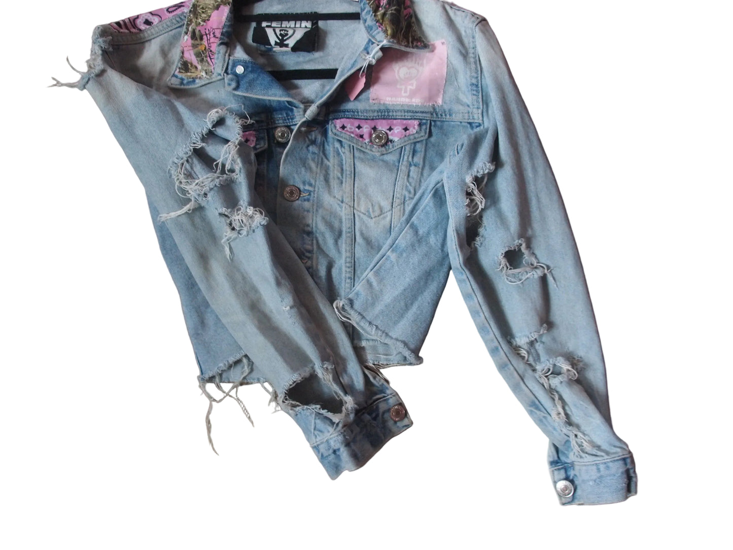 Pastel Linocut Hand Stamped Bat Bandana Patched Denim Jacket Sz S