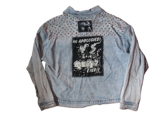 No Apologies Ever! Studded & Patched Denim Acid Washed Jacket Sz L