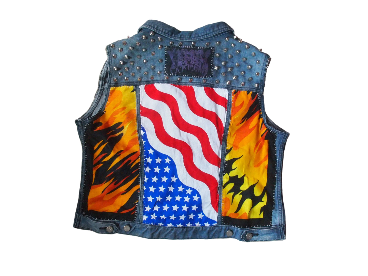 Burning Upside Down American Flag Patched & Studded Denim Vest Sz XL (16W)