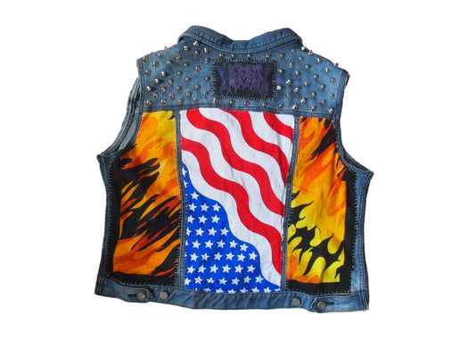 Burning Upside Down American Flag Patched & Studded Denim Vest Sz XL (16W)