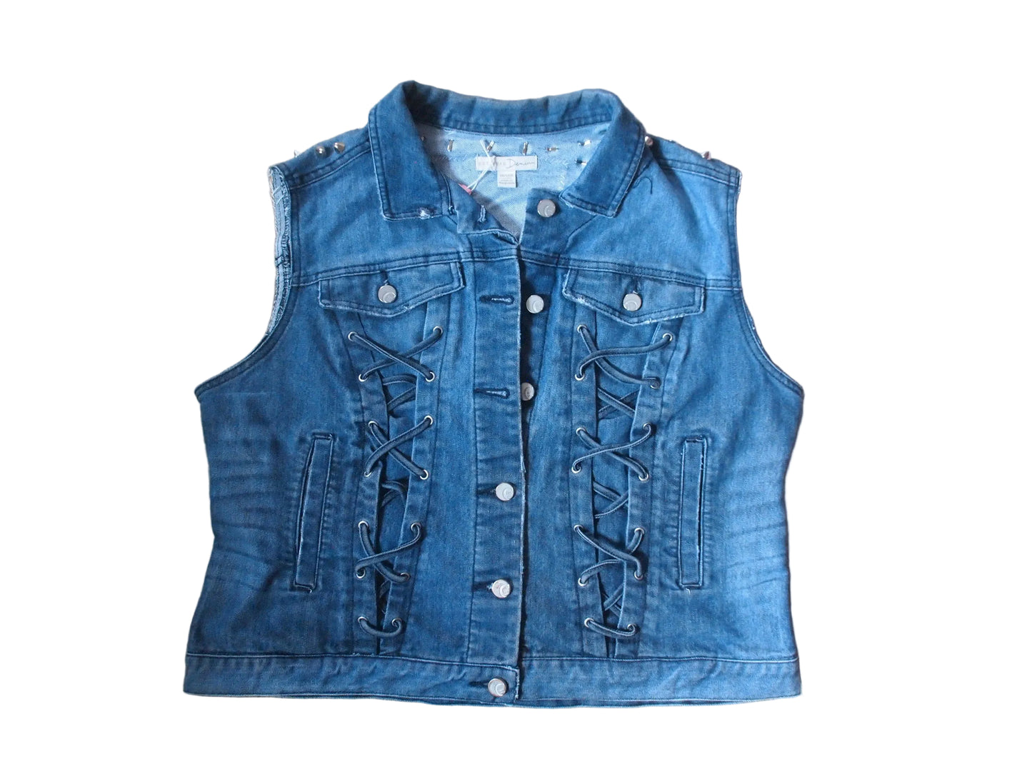 Burning Upside Down American Flag Patched & Studded Denim Vest Sz XL (16W)