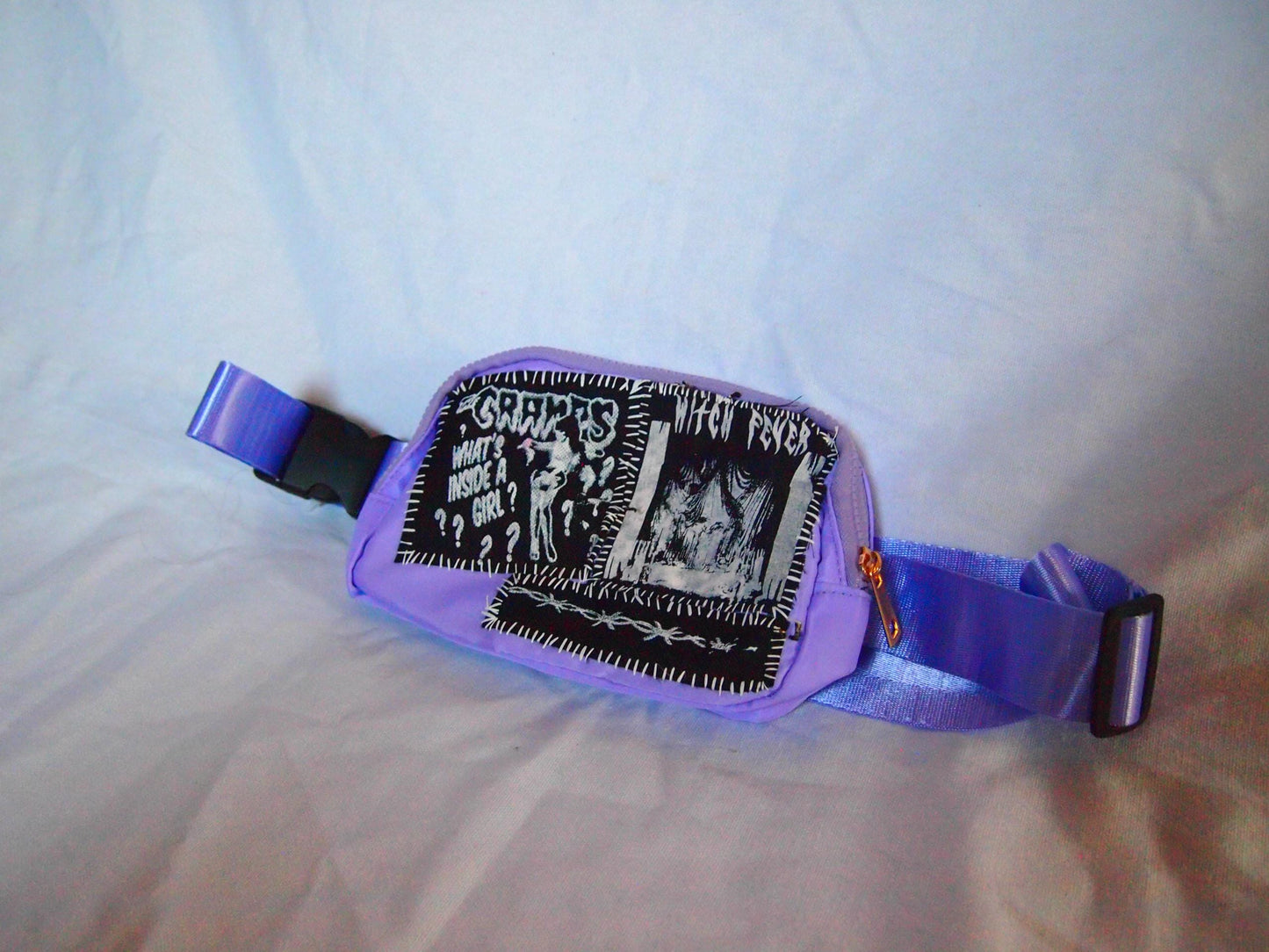 Custom Goth New Wave Pastel Purple Punk Patched Fanny Pack Crossbody Bag - Witch Fever The Cramps