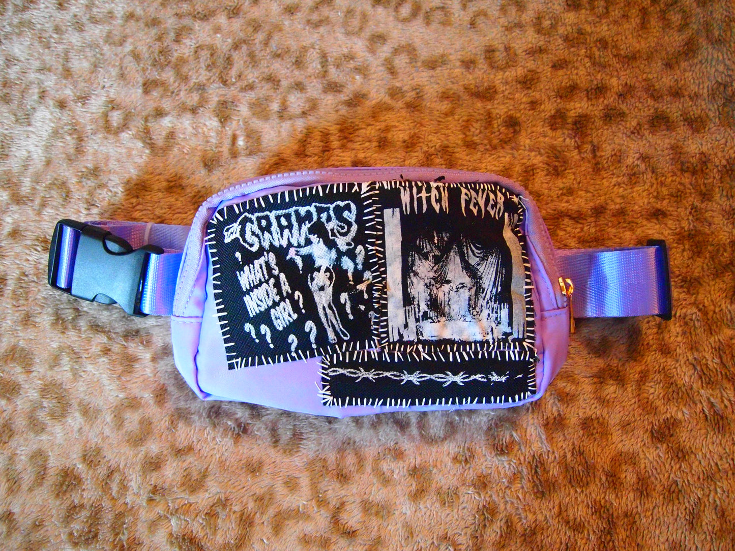 Custom Goth New Wave Pastel Purple Punk Patched Fanny Pack Crossbody Bag - Witch Fever The Cramps