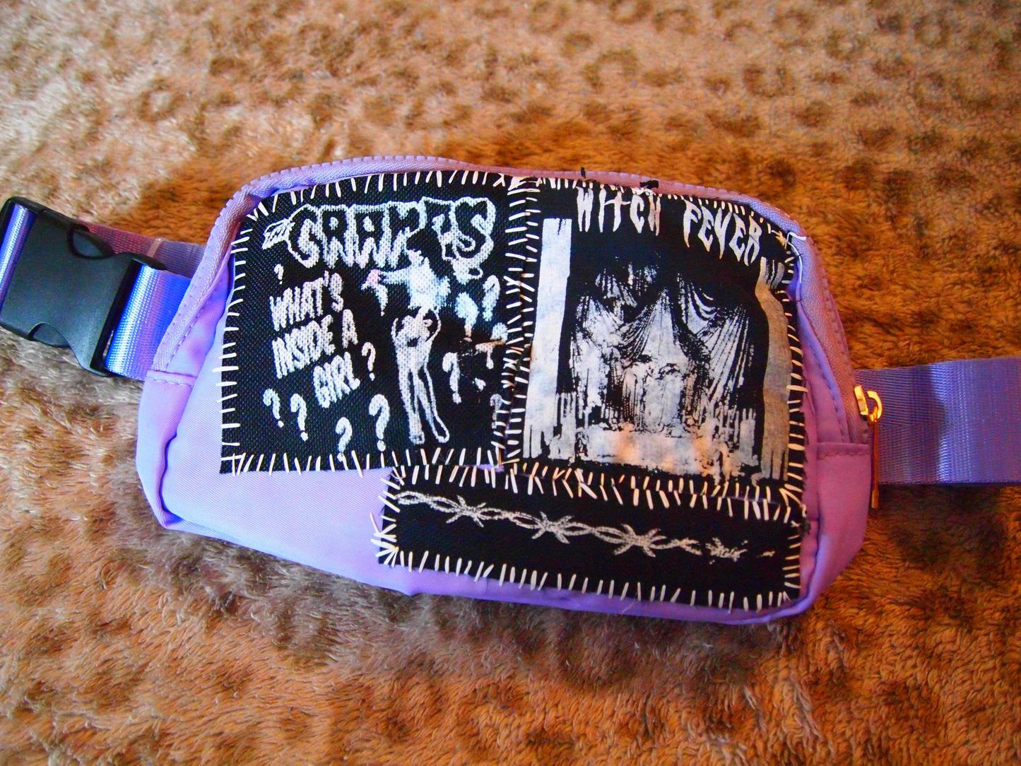 Custom Goth New Wave Pastel Purple Punk Patched Fanny Pack Crossbody Bag - Witch Fever The Cramps