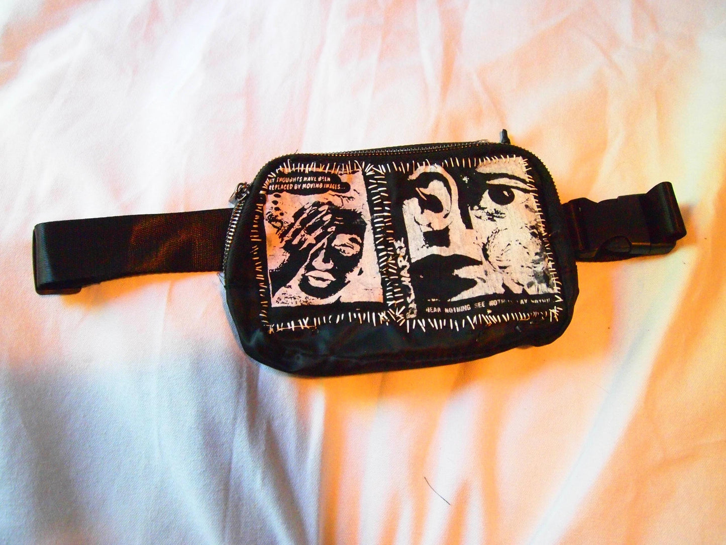 Crust Punk Black Patched Fanny Pack Crossbody Bag Discharge Hardcore Handmade
