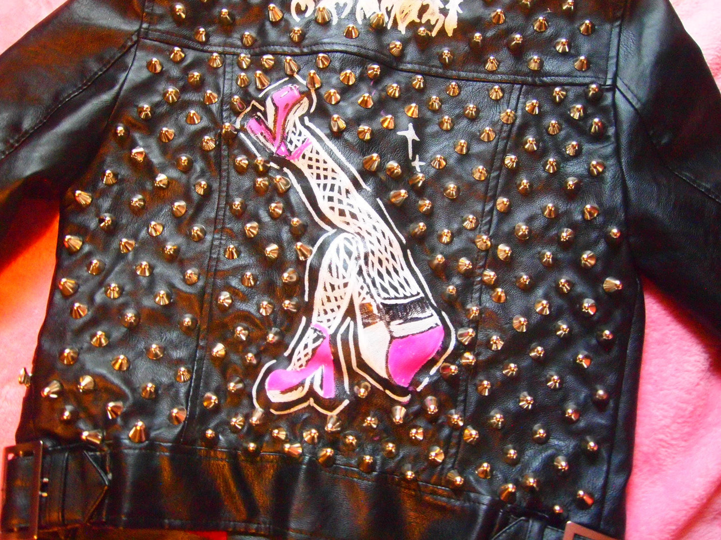 Fishnet Legs Studded & Painted Punk Motorcycle Jacket Sz S - pink heels hand painted, Custom Handmade Crust Queer Art