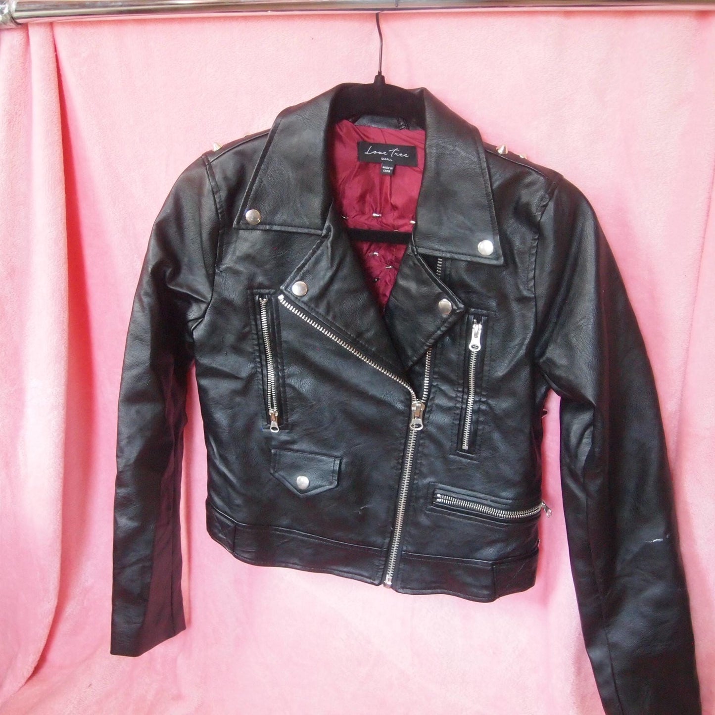 Fishnet Legs Studded & Painted Punk Motorcycle Jacket Sz S - pink heels hand painted, Custom Handmade Crust Queer Art