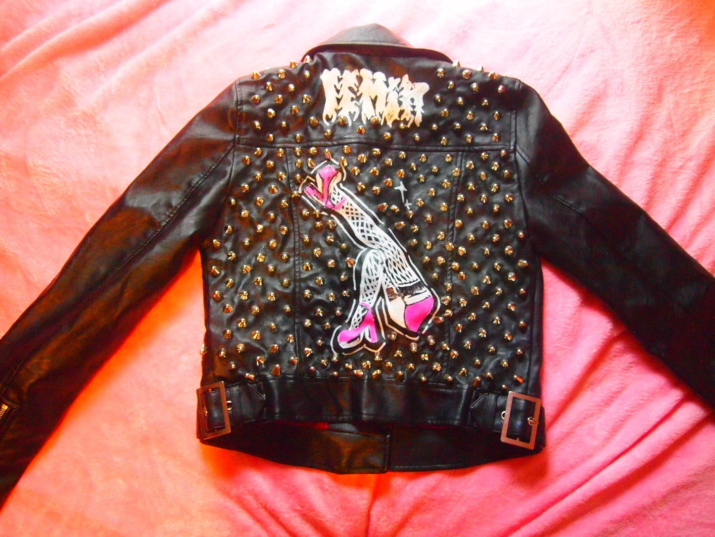 Fishnet Legs Studded & Painted Punk Motorcycle Jacket Sz S - pink heels hand painted, Custom Handmade Crust Queer Art