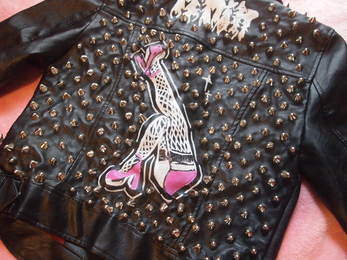 Fishnet Legs Studded & Painted Punk Motorcycle Jacket Sz S - pink heels hand painted, Custom Handmade Crust Queer Art