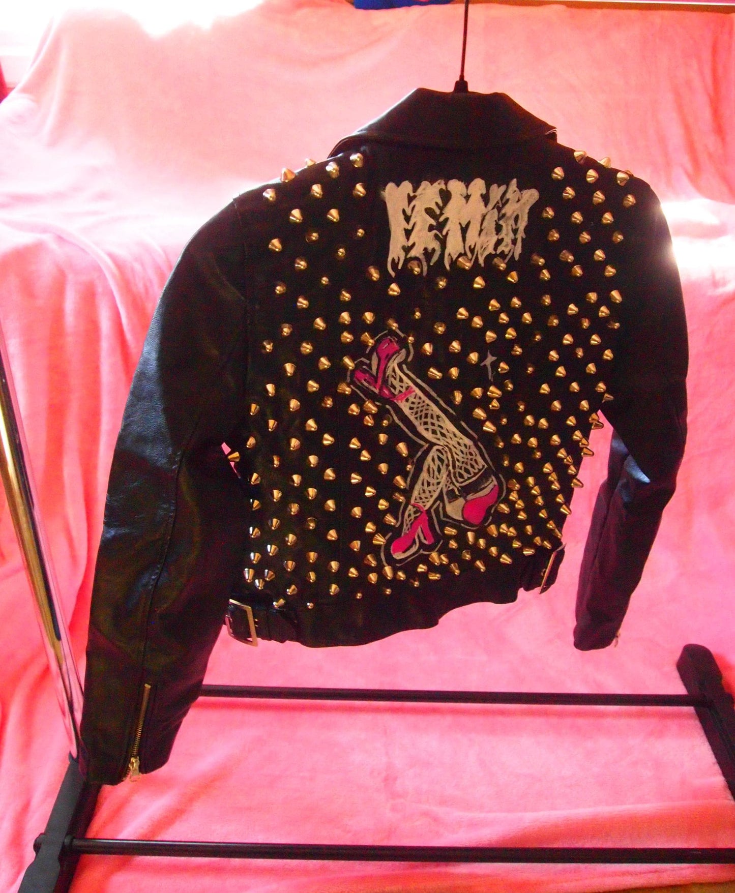 Fishnet Legs Studded & Painted Punk Motorcycle Jacket Sz S - pink heels hand painted, Custom Handmade Crust Queer Art