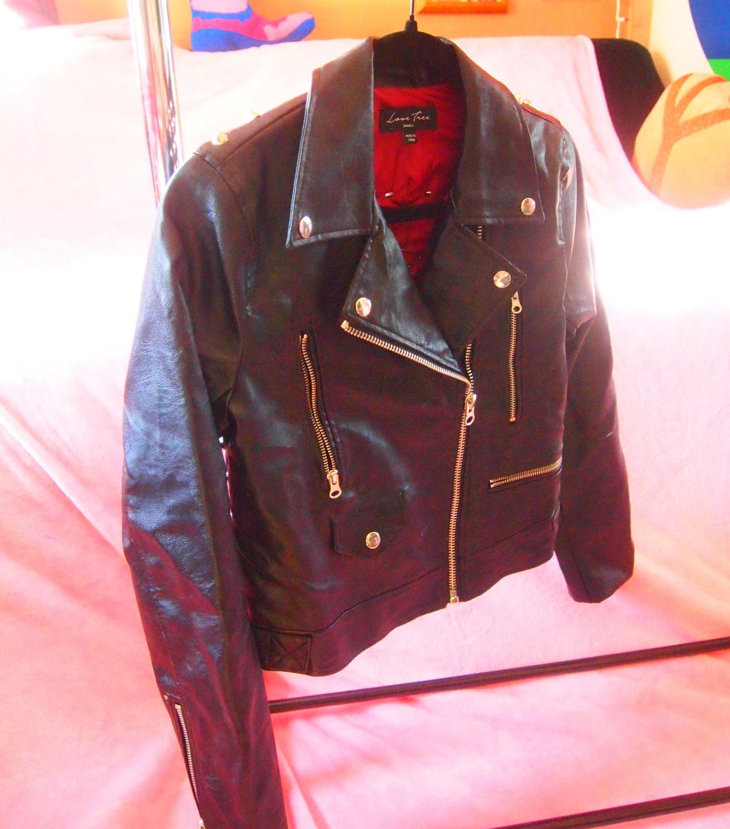 Fishnet Legs Studded & Painted Punk Motorcycle Jacket Sz S - pink heels hand painted, Custom Handmade Crust Queer Art