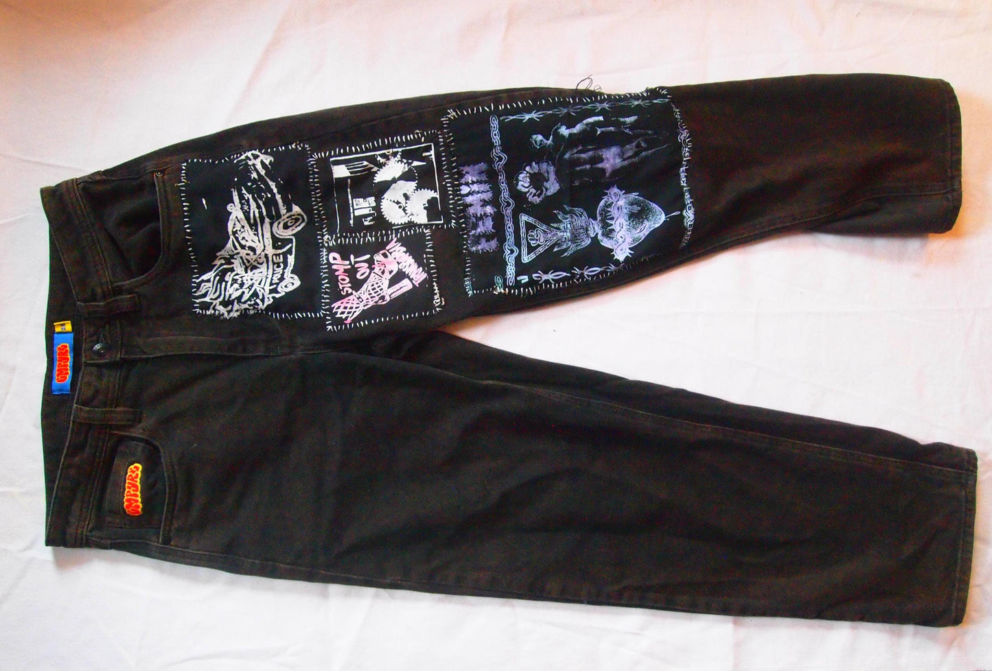 Custom Distressed Vintage Punk Patched Black Empyre Jeans Sz 28 Straight Leg Loose Baggy