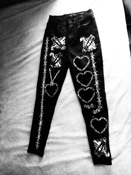 Barbed Wire Custom Punk Painted Black Waxed Jeans Pants Sz 27 - Handmade Crust Hand Stitched DIY Customized 1 of 1 Upcycled Recycled