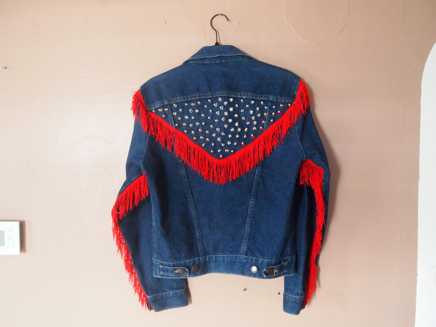 Vintage Studded Rustler Cowboy Fringe Dark Blue Denim Trucker Jacket Sz S Made in USA Western Punk Custom