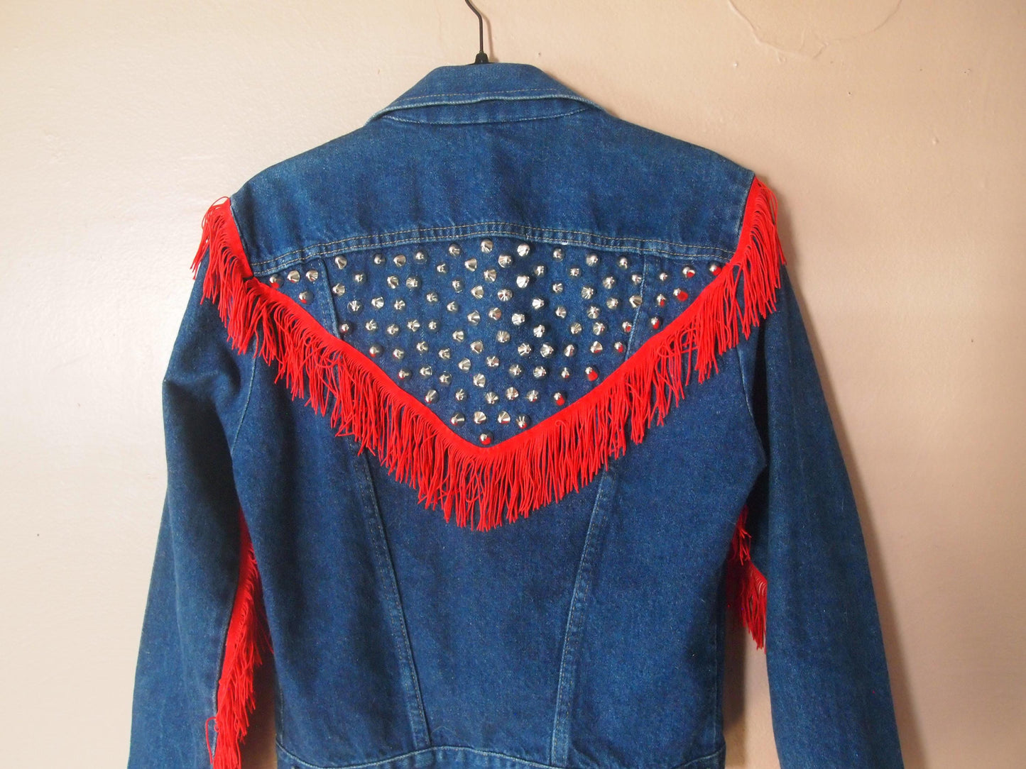Vintage Studded Rustler Cowboy Fringe Dark Blue Denim Trucker Jacket Sz S Made in USA Western Punk Custom
