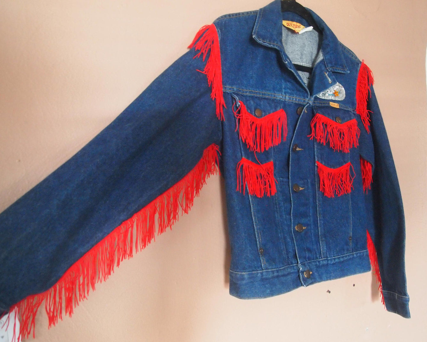 Vintage Studded Rustler Cowboy Fringe Dark Blue Denim Trucker Jacket Sz S Made in USA Western Punk Custom