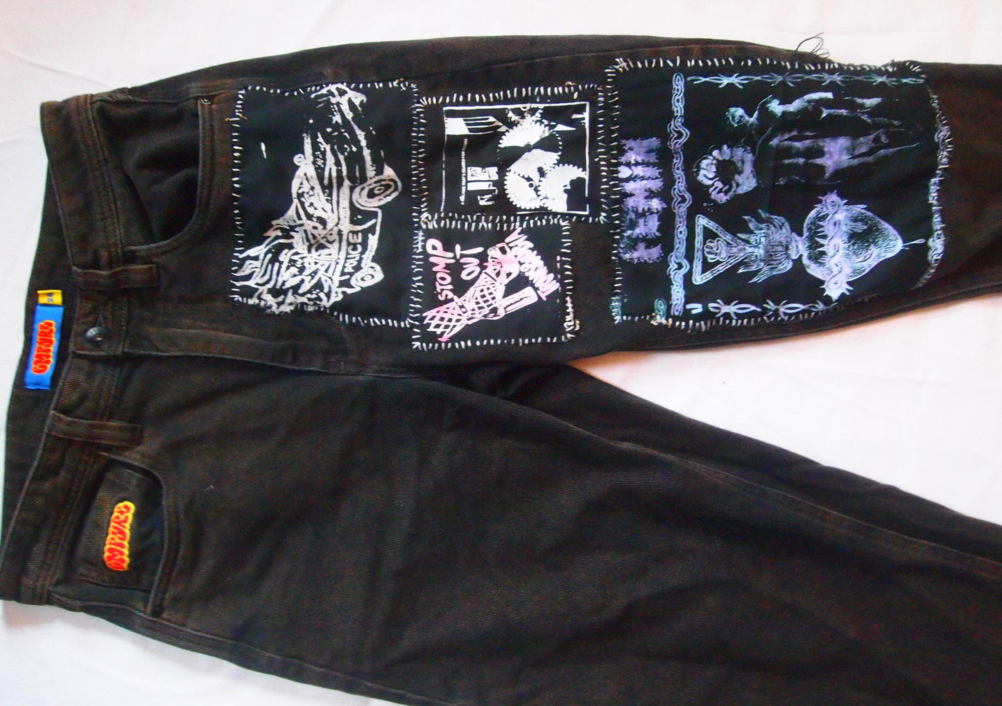 Custom Distressed Vintage Punk Patched Black Empyre Jeans Sz 28 Straight Leg Loose Baggy