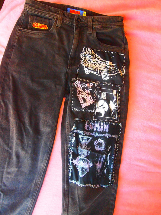 Custom Distressed Vintage Punk Patched Black Empyre Jeans Sz 28 Straight Leg Loose Baggy